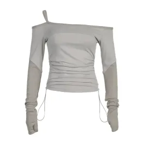 2000s Y2k Crop Tops Korean Style Drawstring One Shoulder Ribbed Patchwork Grey Tees Techwear Cool Shirts P84-CC17