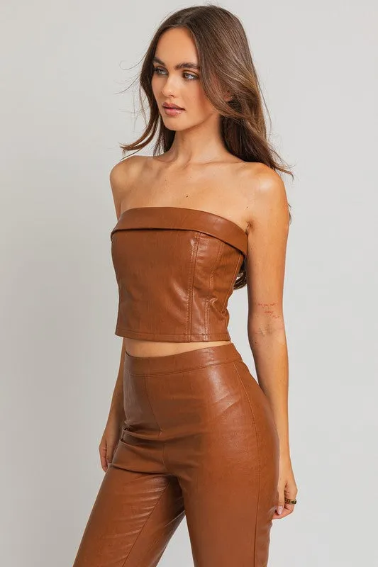 70s Corset Style Fitted Tube Top in Tan Faux Leather | Le Lis