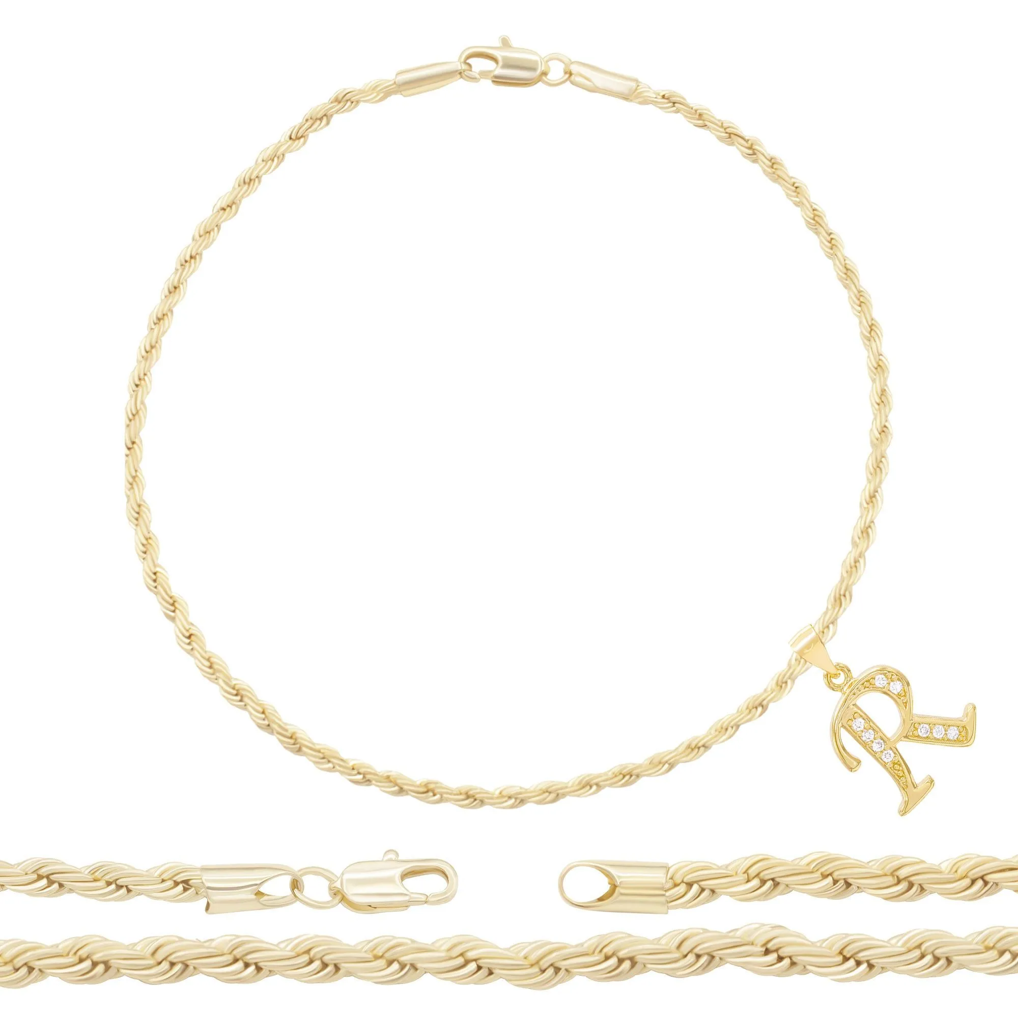 A-Z Initial Letter Pendant 14K Gold Filled Cubic Zirconia Rope Chain Anklet 10" Set CZ Charm Foot Bracelet 2.4 mm Female Women Girl