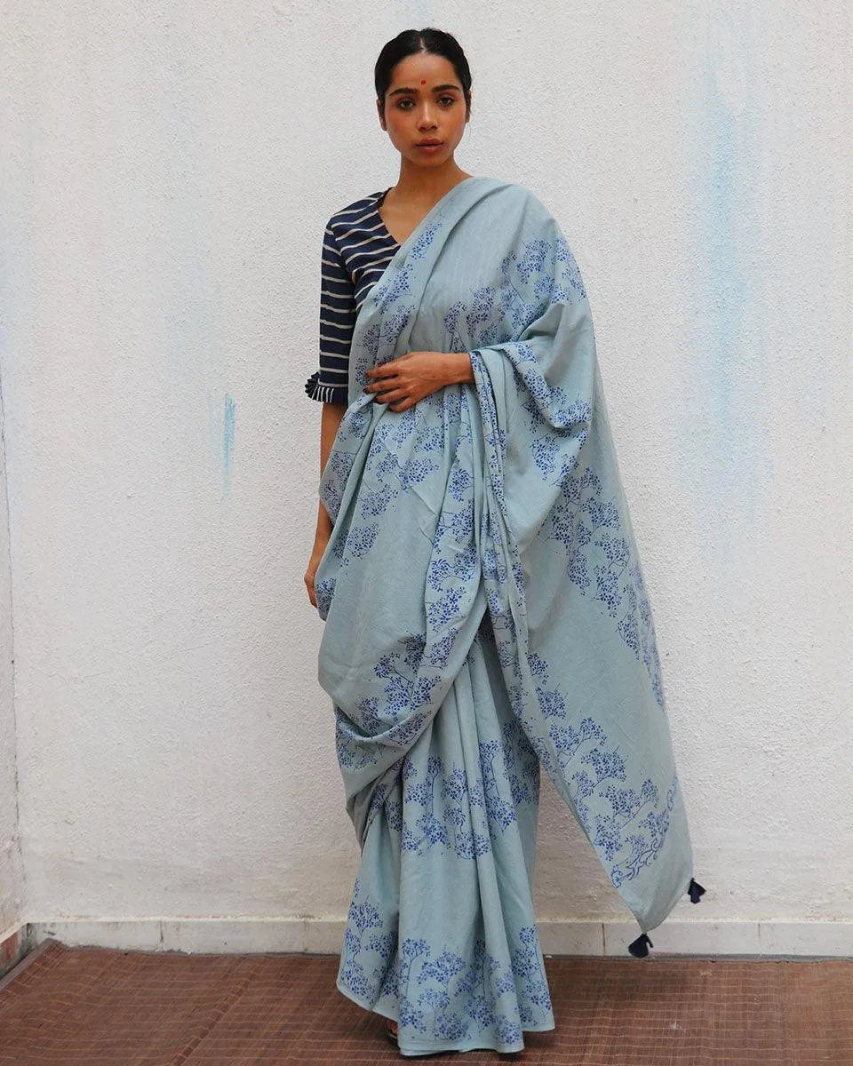 Almond Blossoms Handblock Printed Cotton Sarees