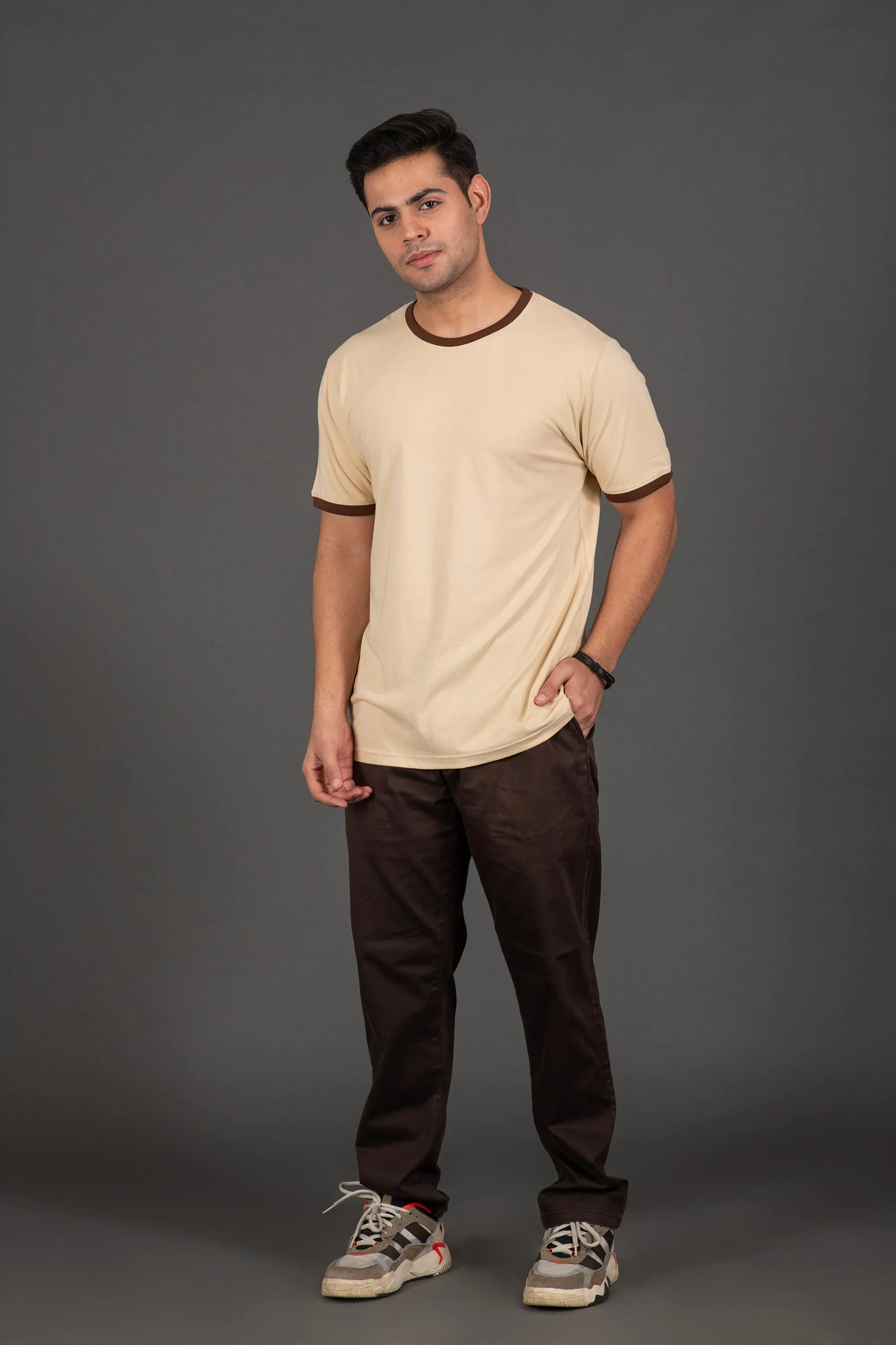 Bambians Organic Bamboo Round Neck T-Shirt with Contrast Tipping for Men : Beige