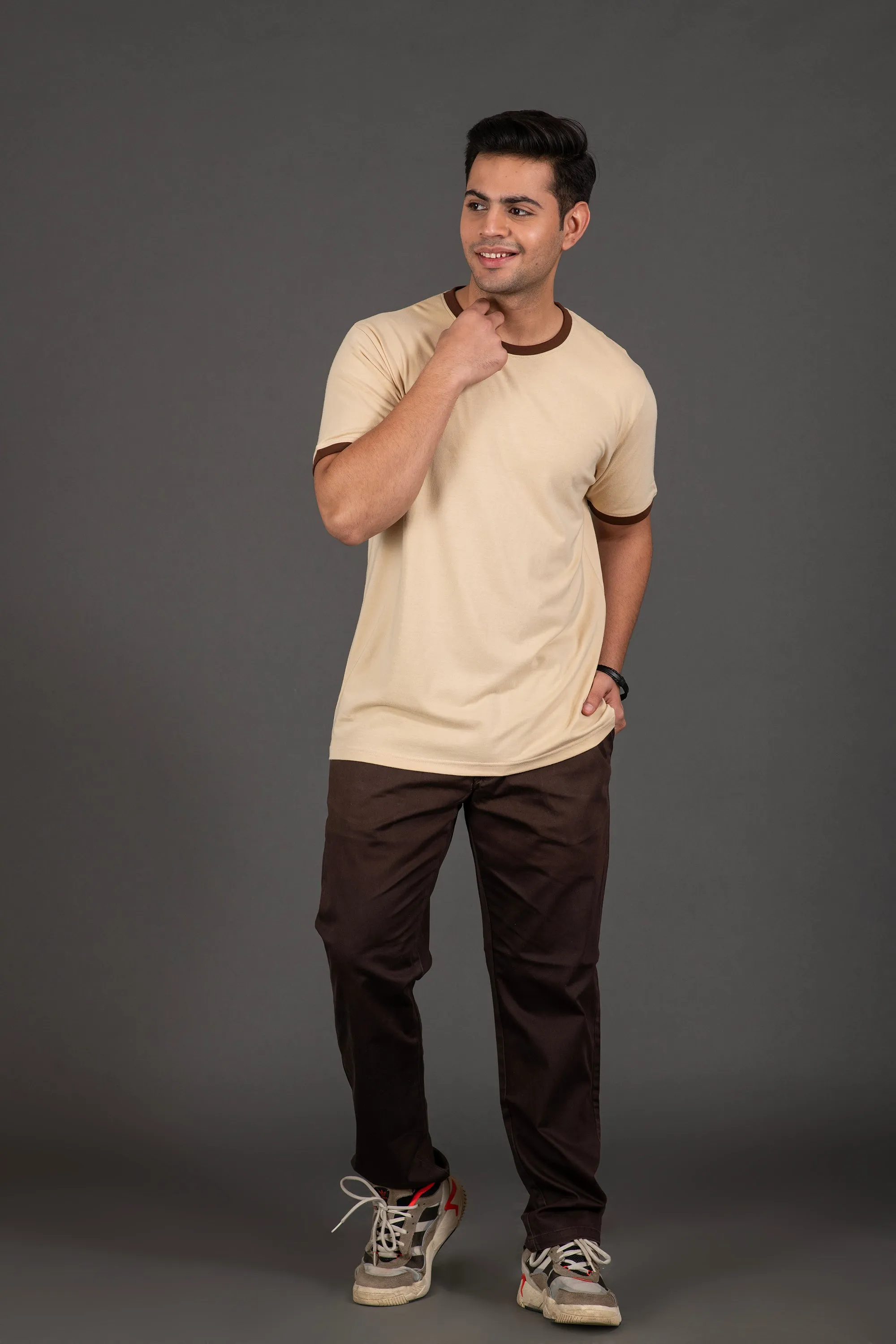 Bambians Organic Bamboo Round Neck T-Shirt with Contrast Tipping for Men : Beige