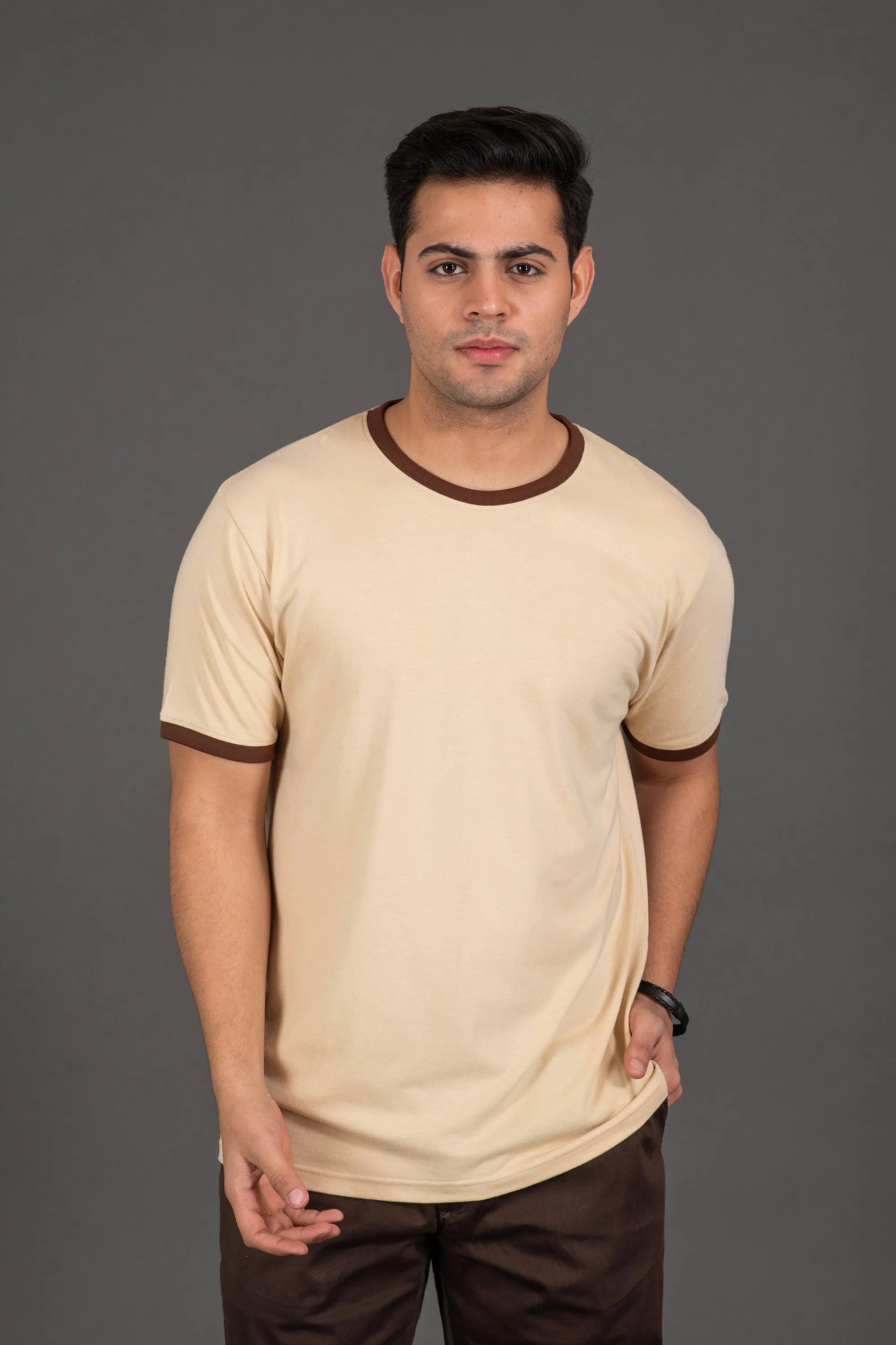 Bambians Organic Bamboo Round Neck T-Shirt with Contrast Tipping for Men : Beige