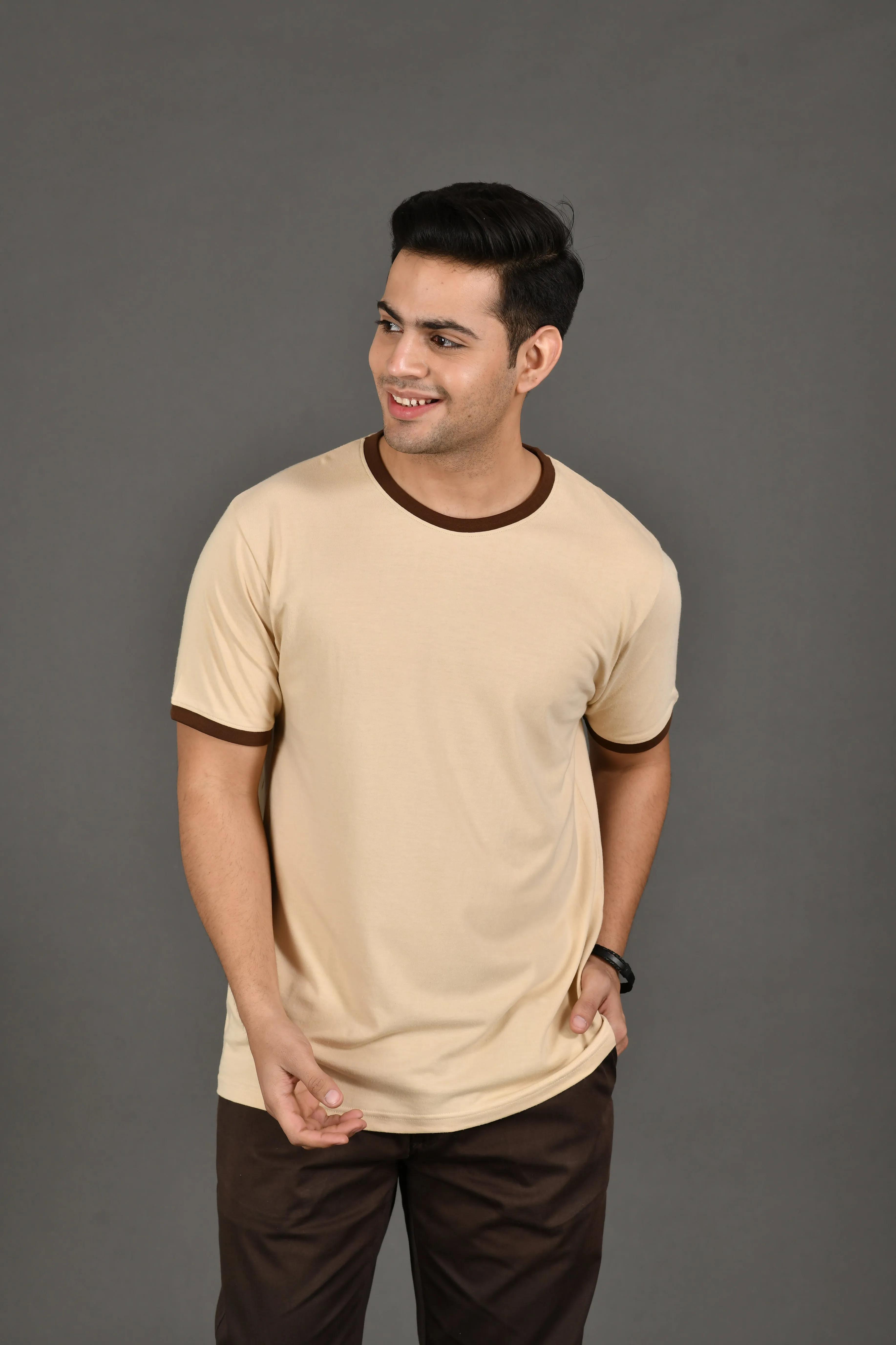 Bambians Organic Bamboo Round Neck T-Shirt with Contrast Tipping for Men : Beige