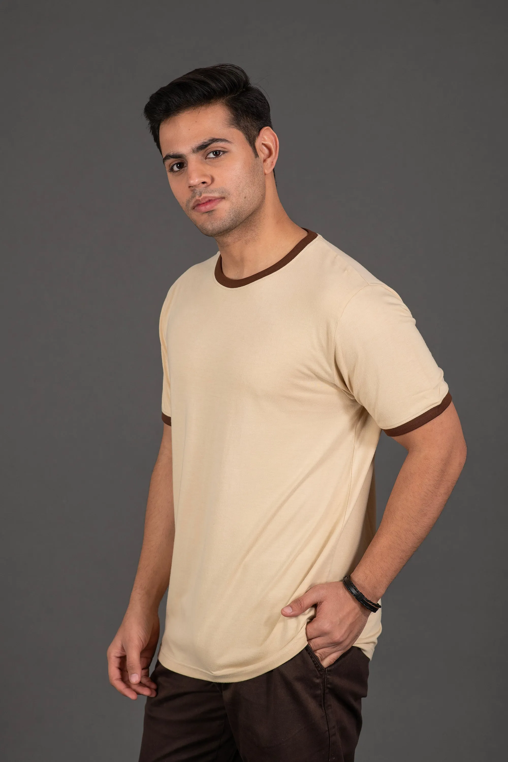 Bambians Organic Bamboo Round Neck T-Shirt with Contrast Tipping for Men : Beige