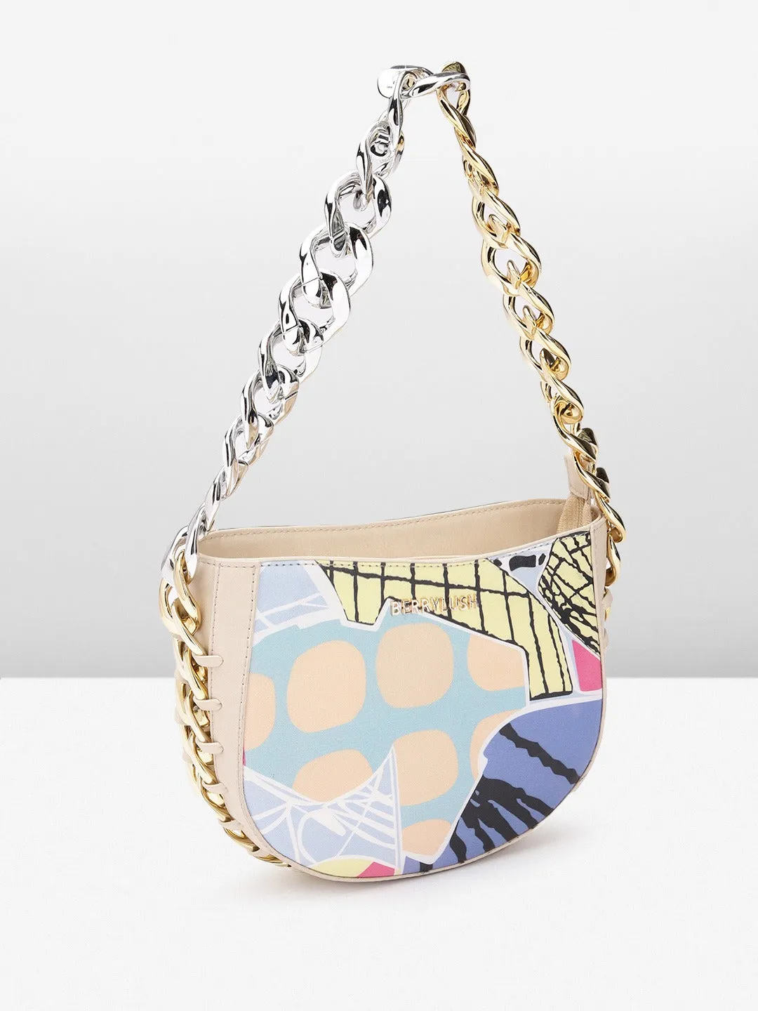 Berrylush Women Multi-Color Geometric Printed Half Moon Embellished Small Handheld Bag