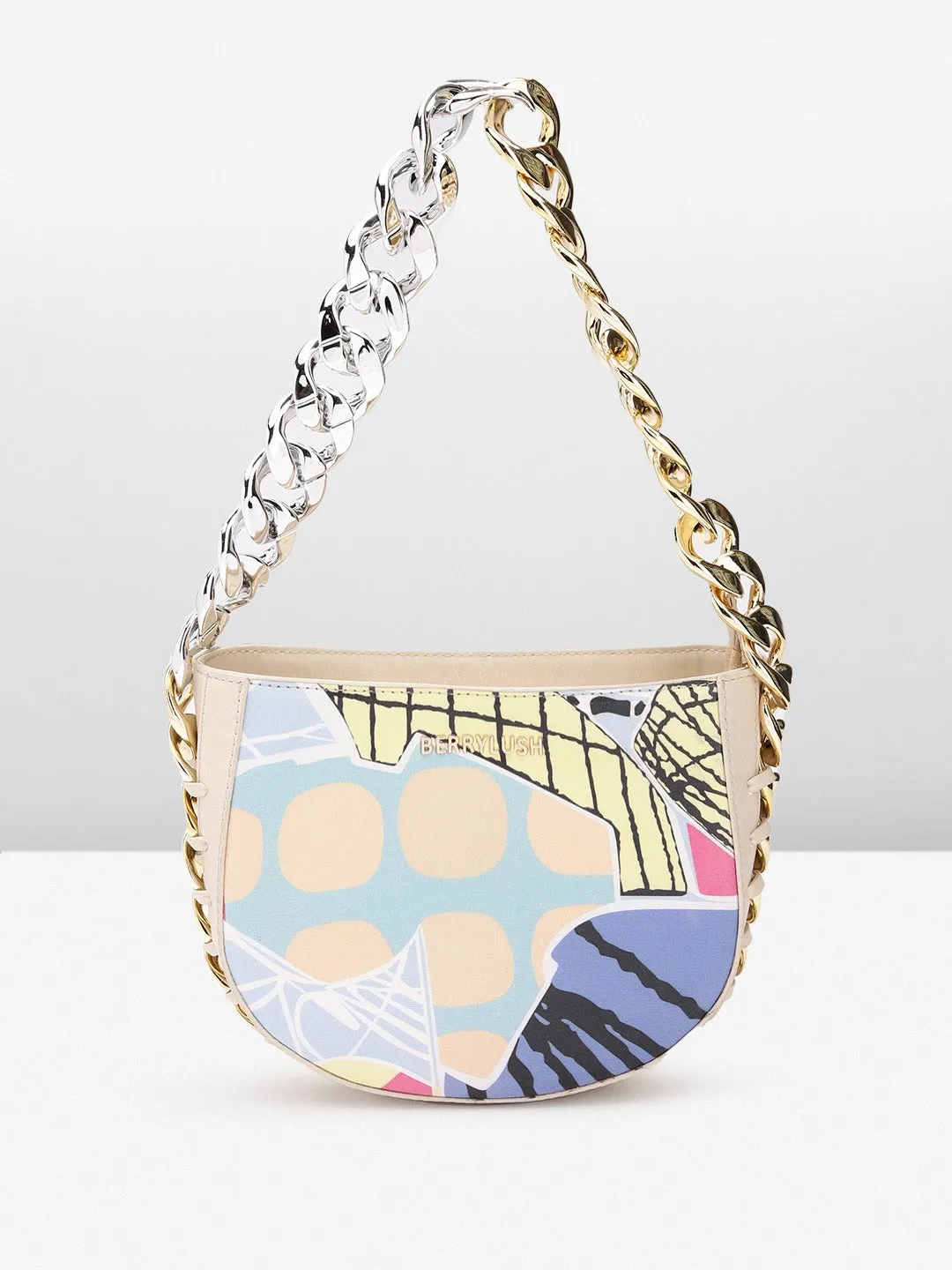 Berrylush Women Multi-Color Geometric Printed Half Moon Embellished Small Handheld Bag