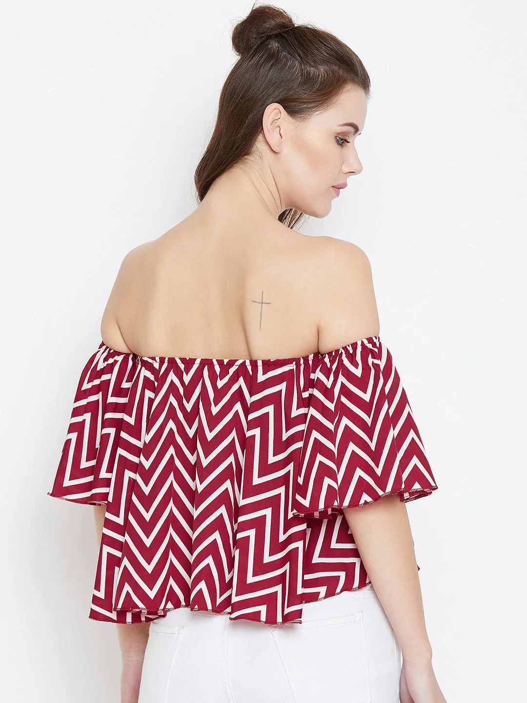 Berrylush Women Red & White Geometric Printed Off-Shoulder Neck Ruffled Crop Bardot Top