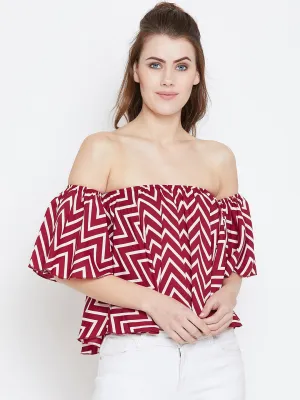 Berrylush Women Red & White Geometric Printed Off-Shoulder Neck Ruffled Crop Bardot Top