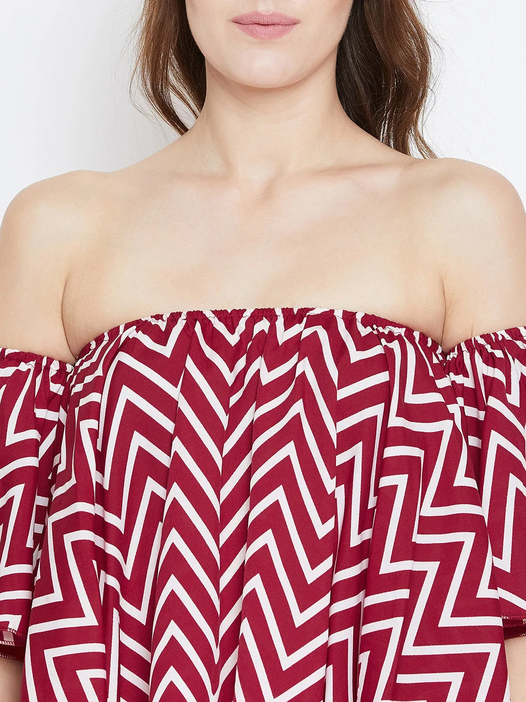 Berrylush Women Red & White Geometric Printed Off-Shoulder Neck Ruffled Crop Bardot Top