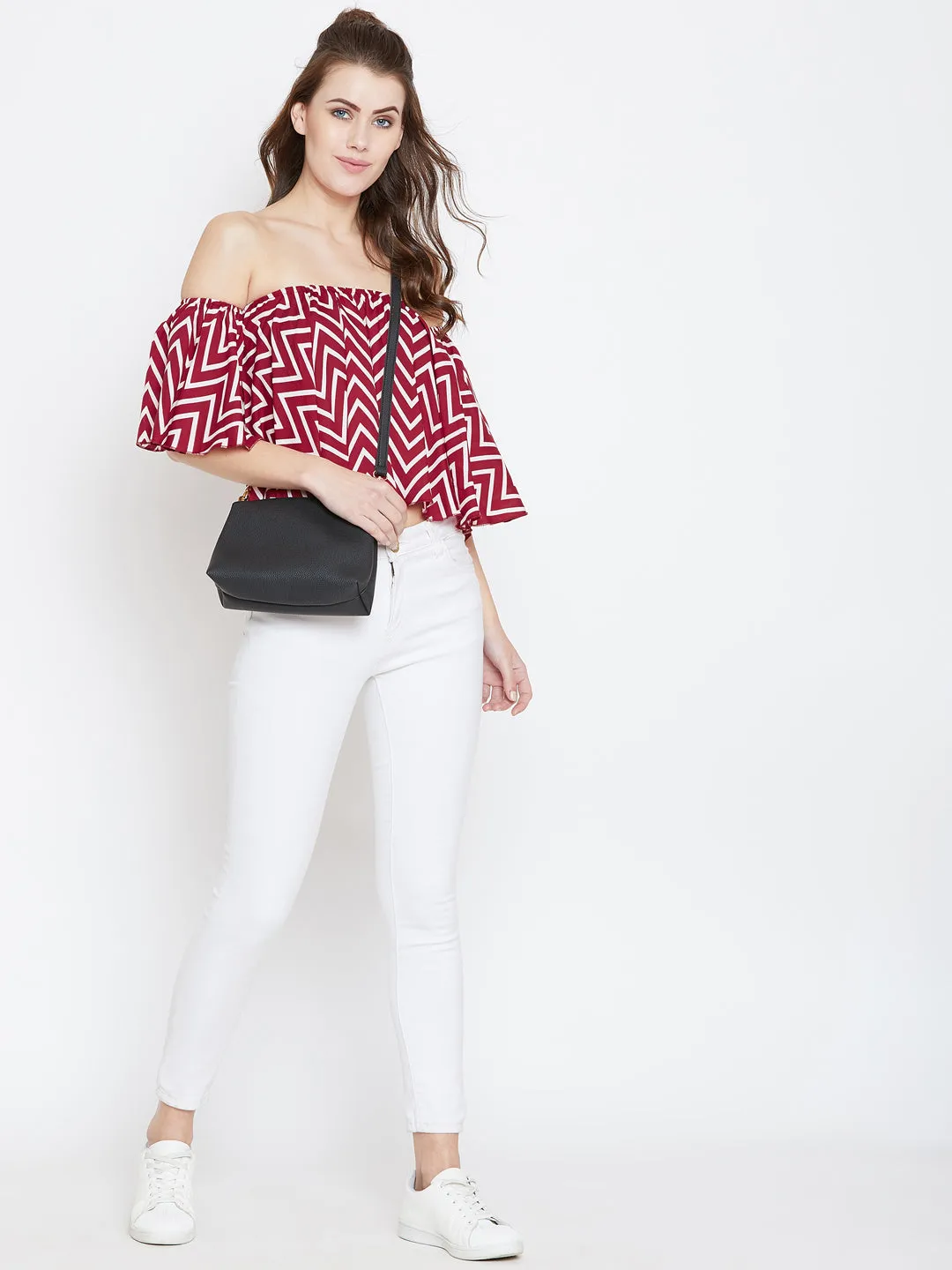 Berrylush Women Red & White Geometric Printed Off-Shoulder Neck Ruffled Crop Bardot Top