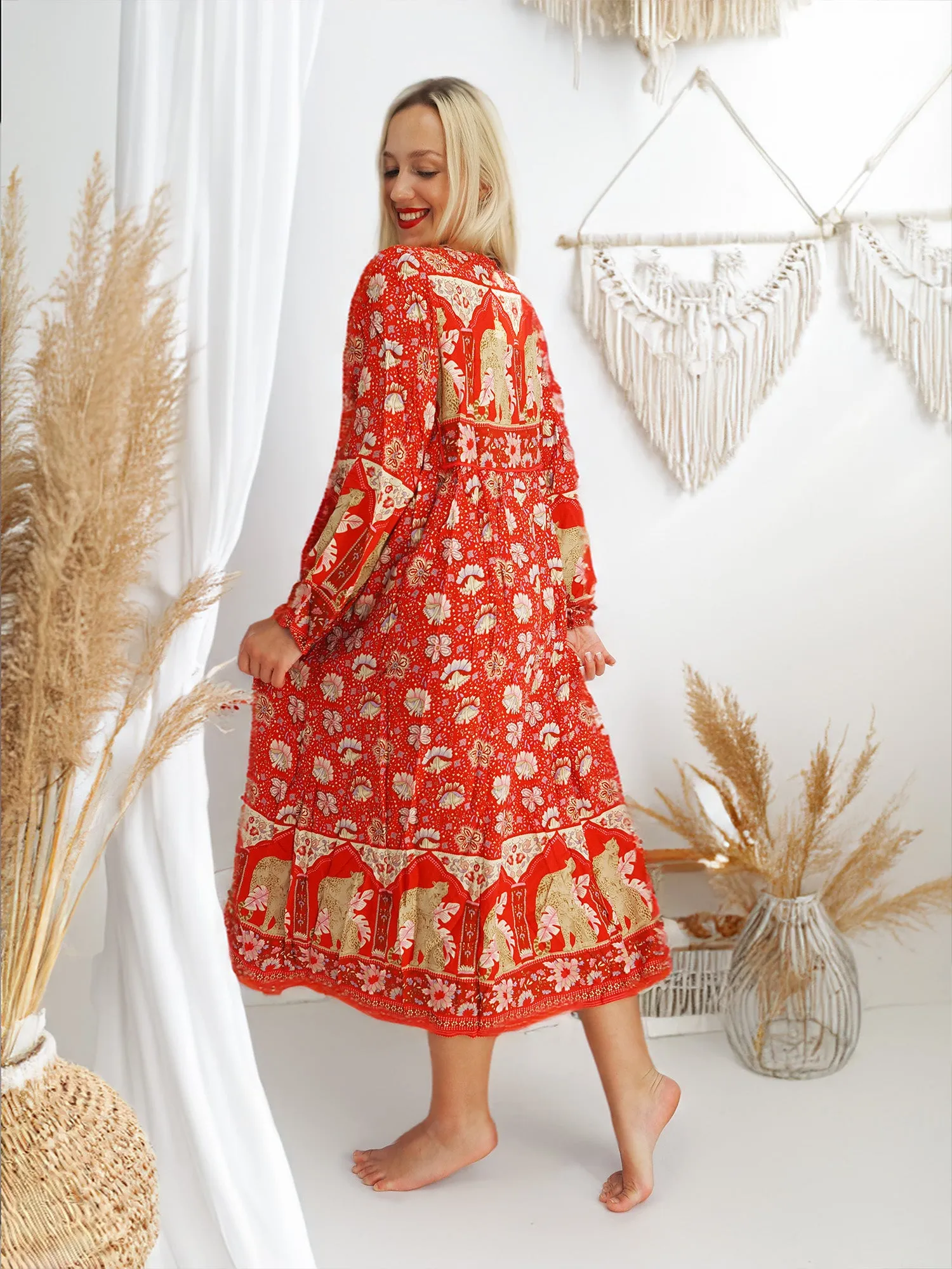 Bohemian Gypsy Hippy Cotton Light Weight Long Dress Red S-M-L