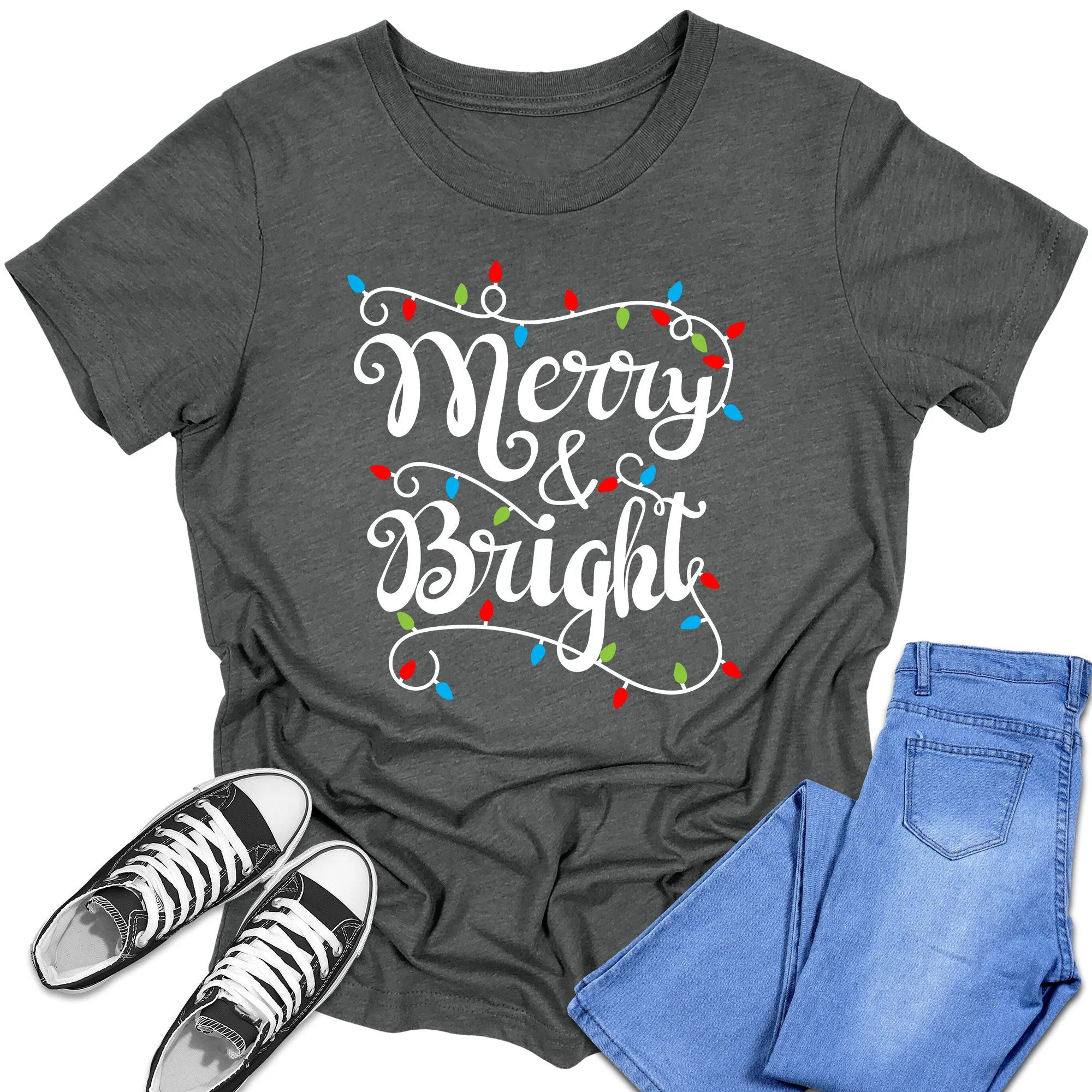 Boys and Girls Christmas Shirt Merry and Bright Holiday Graphic Tees