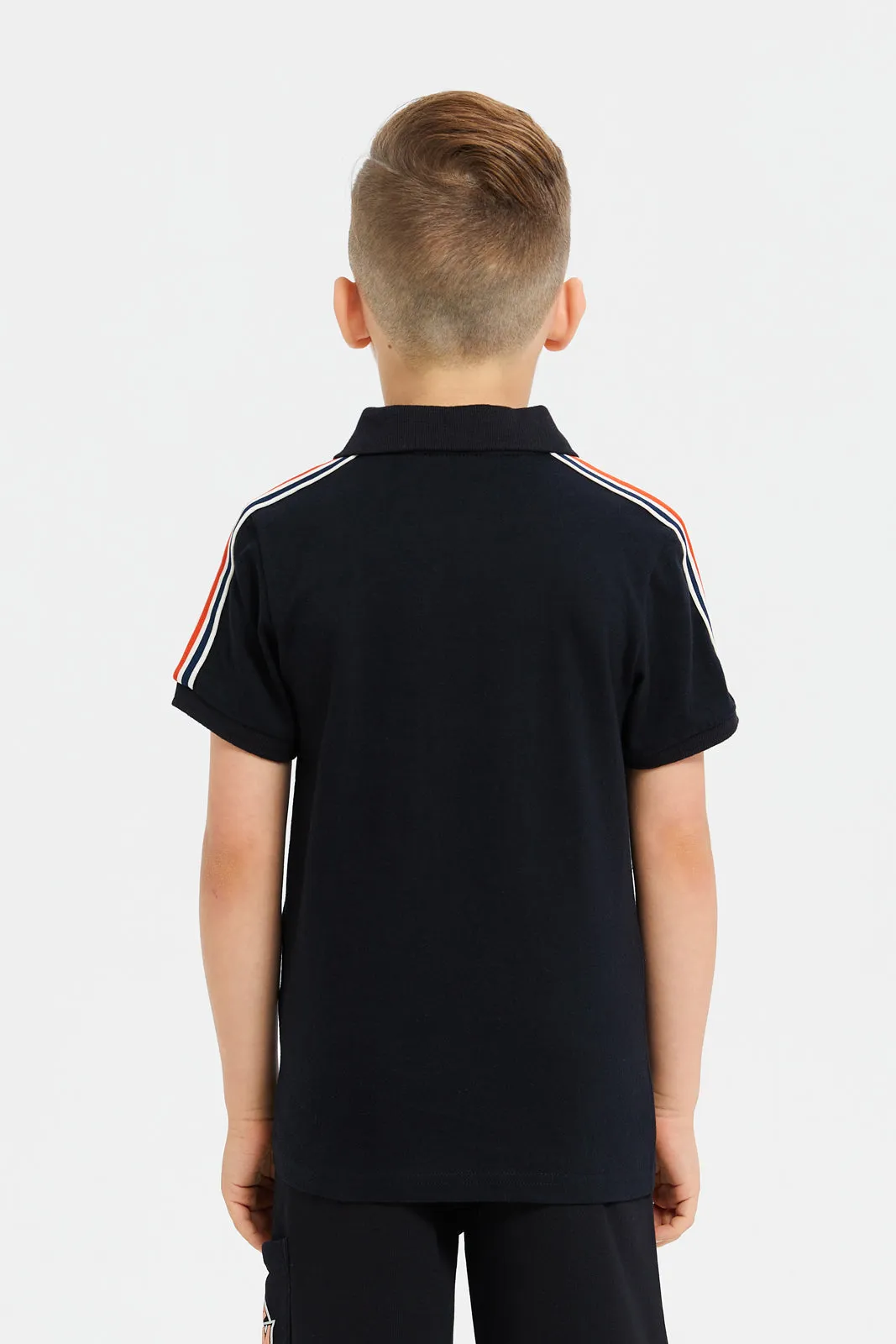 Boys Black Front Zipper Polo T-Shirt