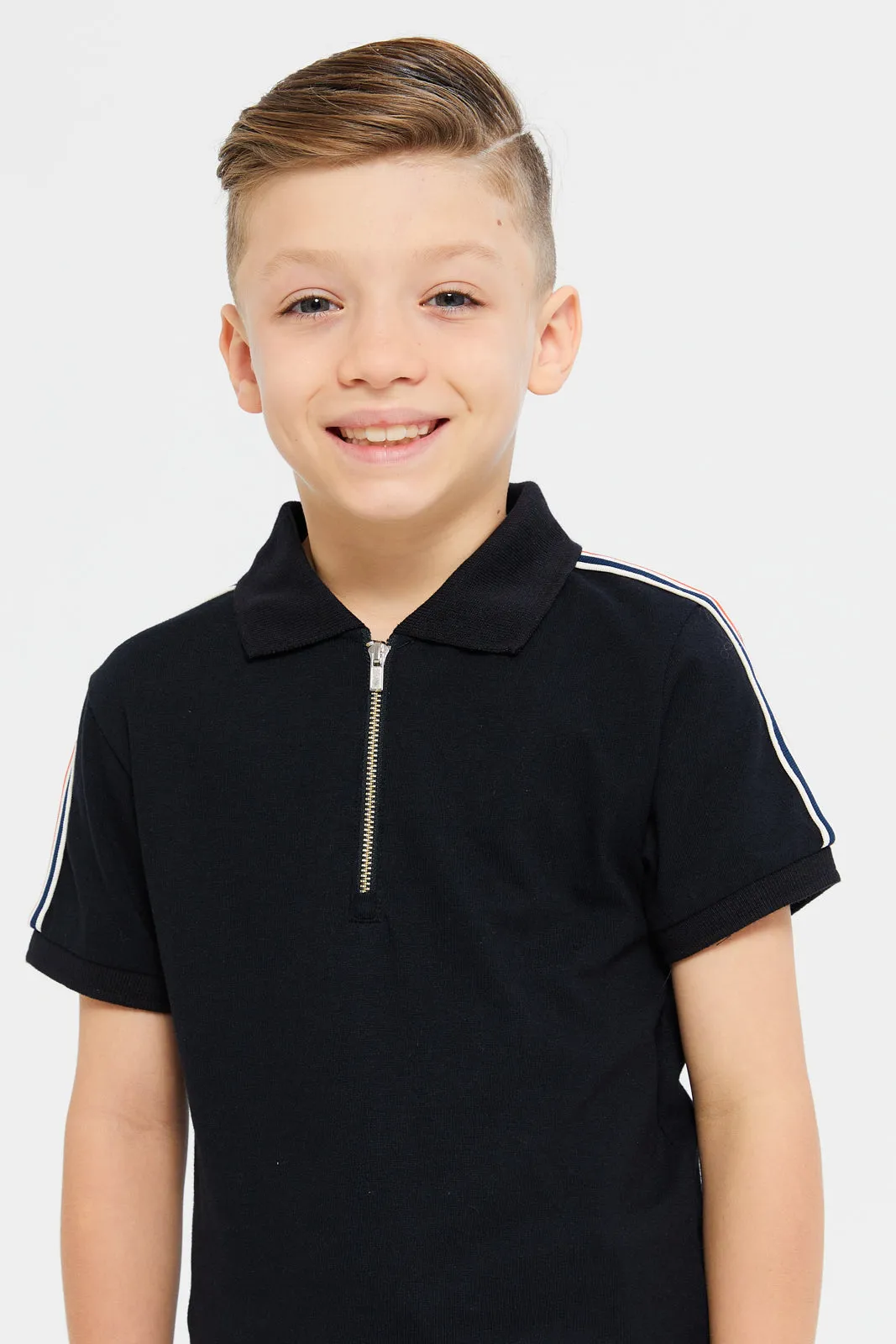 Boys Black Front Zipper Polo T-Shirt