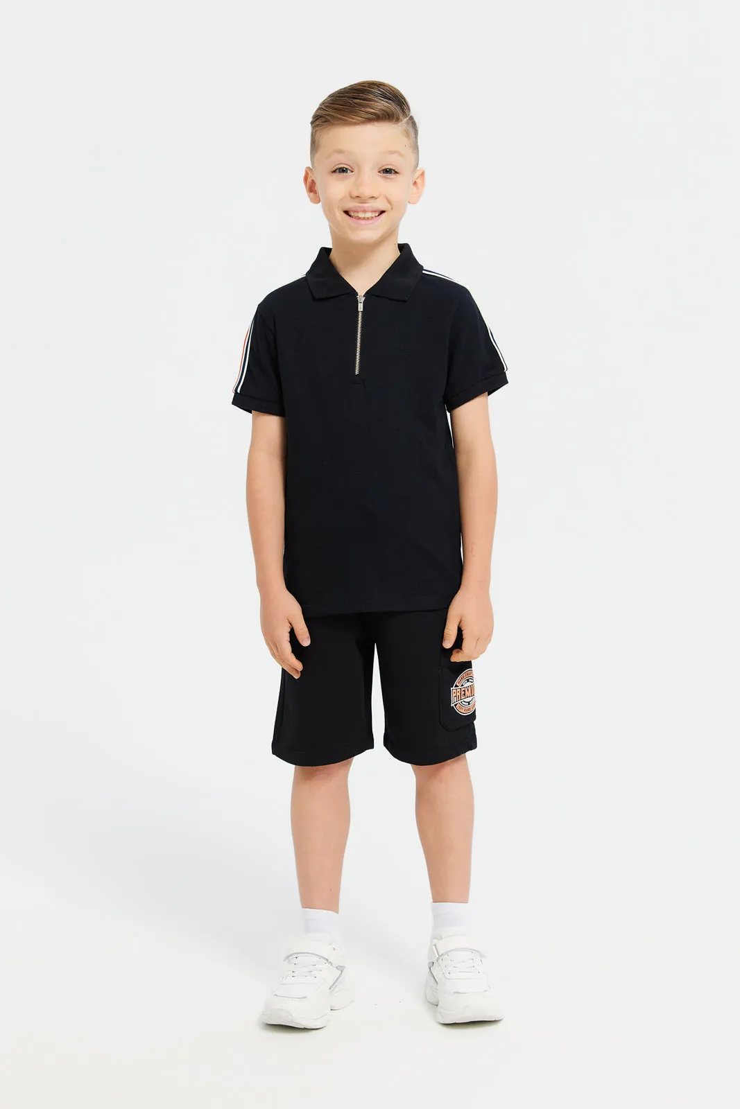 Boys Black Front Zipper Polo T-Shirt