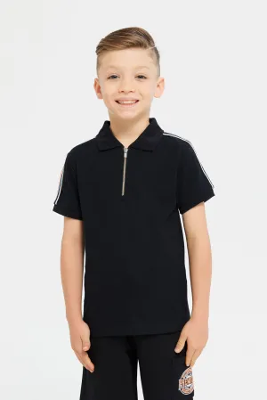 Boys Black Front Zipper Polo T-Shirt