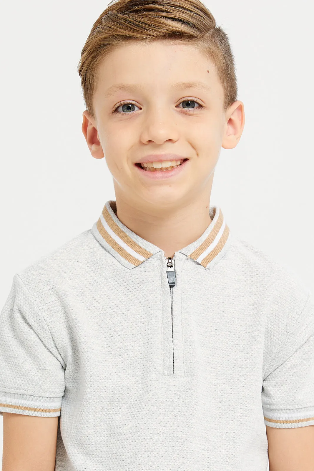 Boys Grey Jacquard Polo T-Shirt