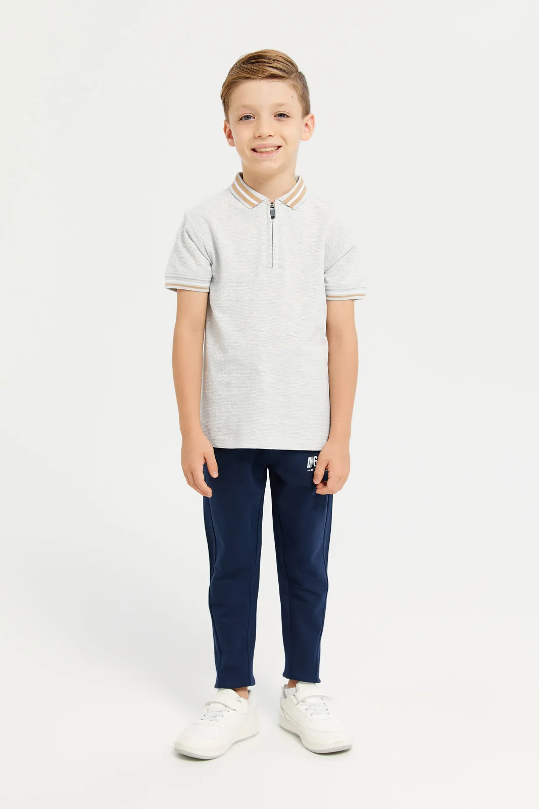 Boys Grey Jacquard Polo T-Shirt