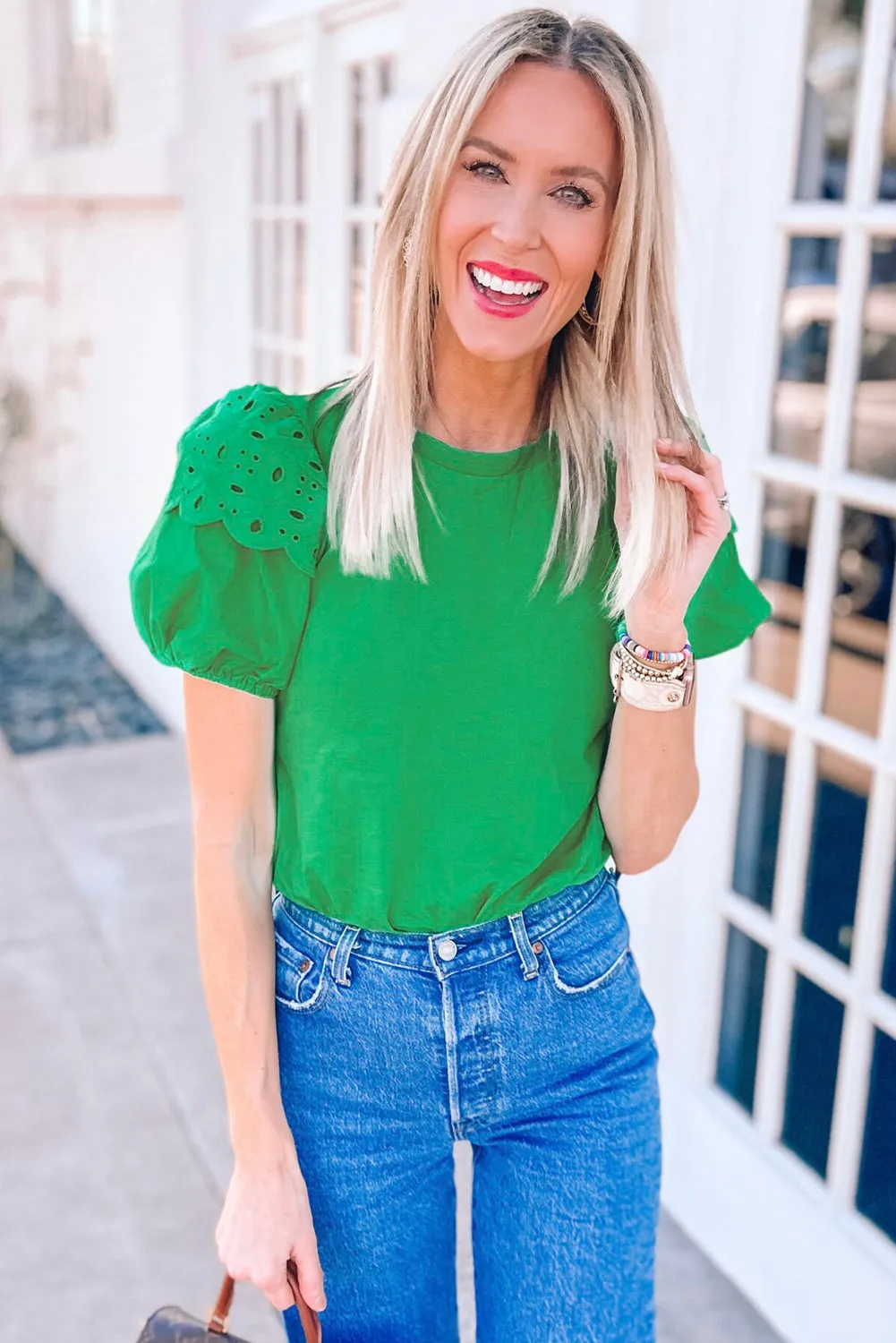 Bright Green Anglaise Embroidered Puff Sleeve Blouse