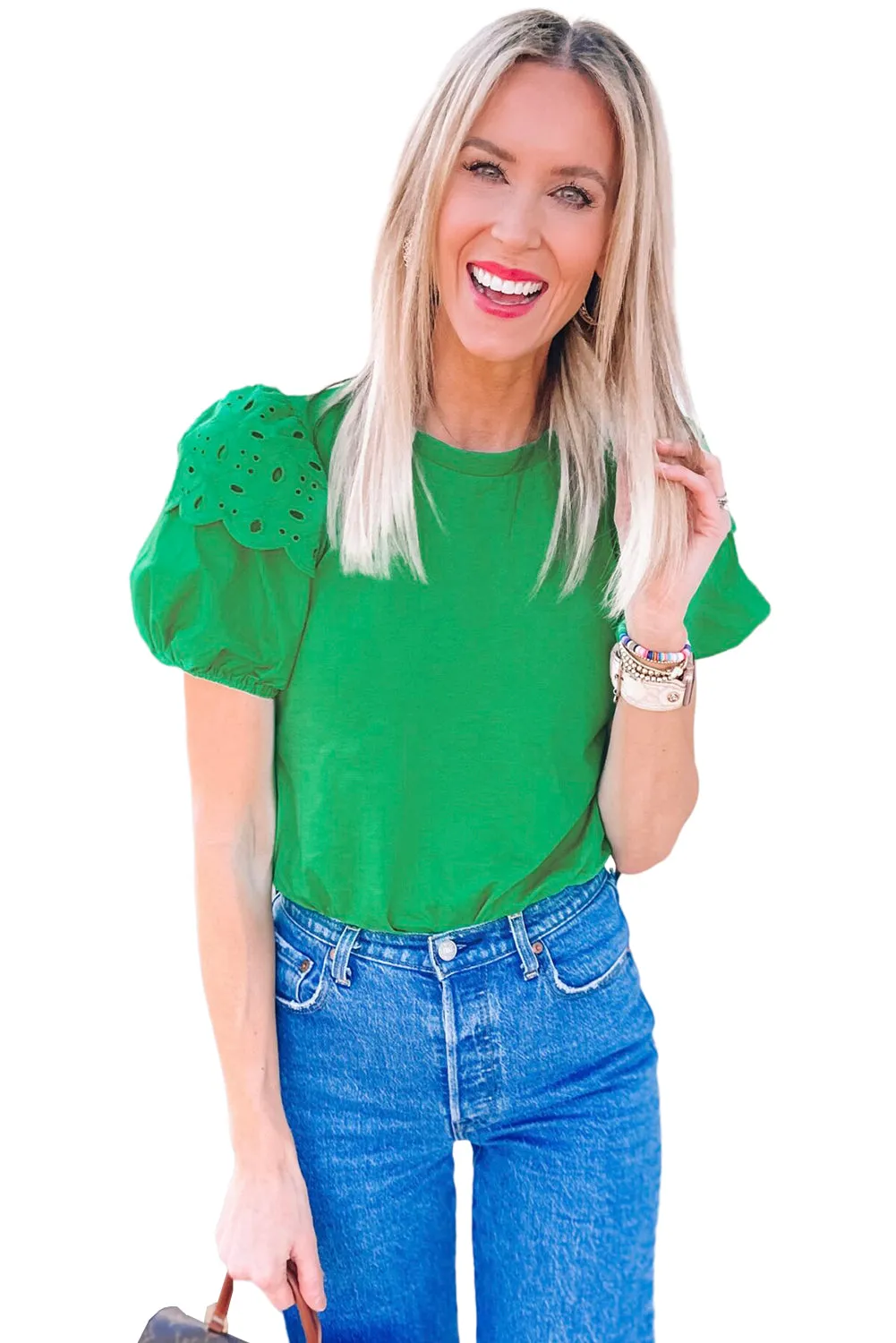 Bright Green Anglaise Embroidered Puff Sleeve Blouse