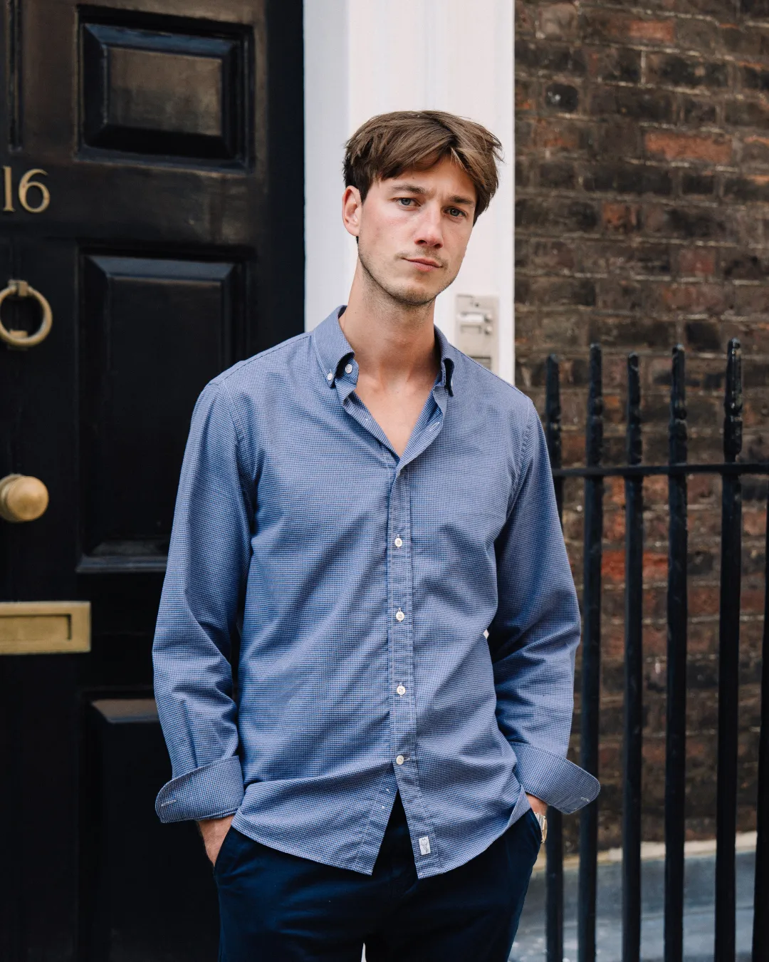 Brushed Cotton Navy Houndstooth Shirt