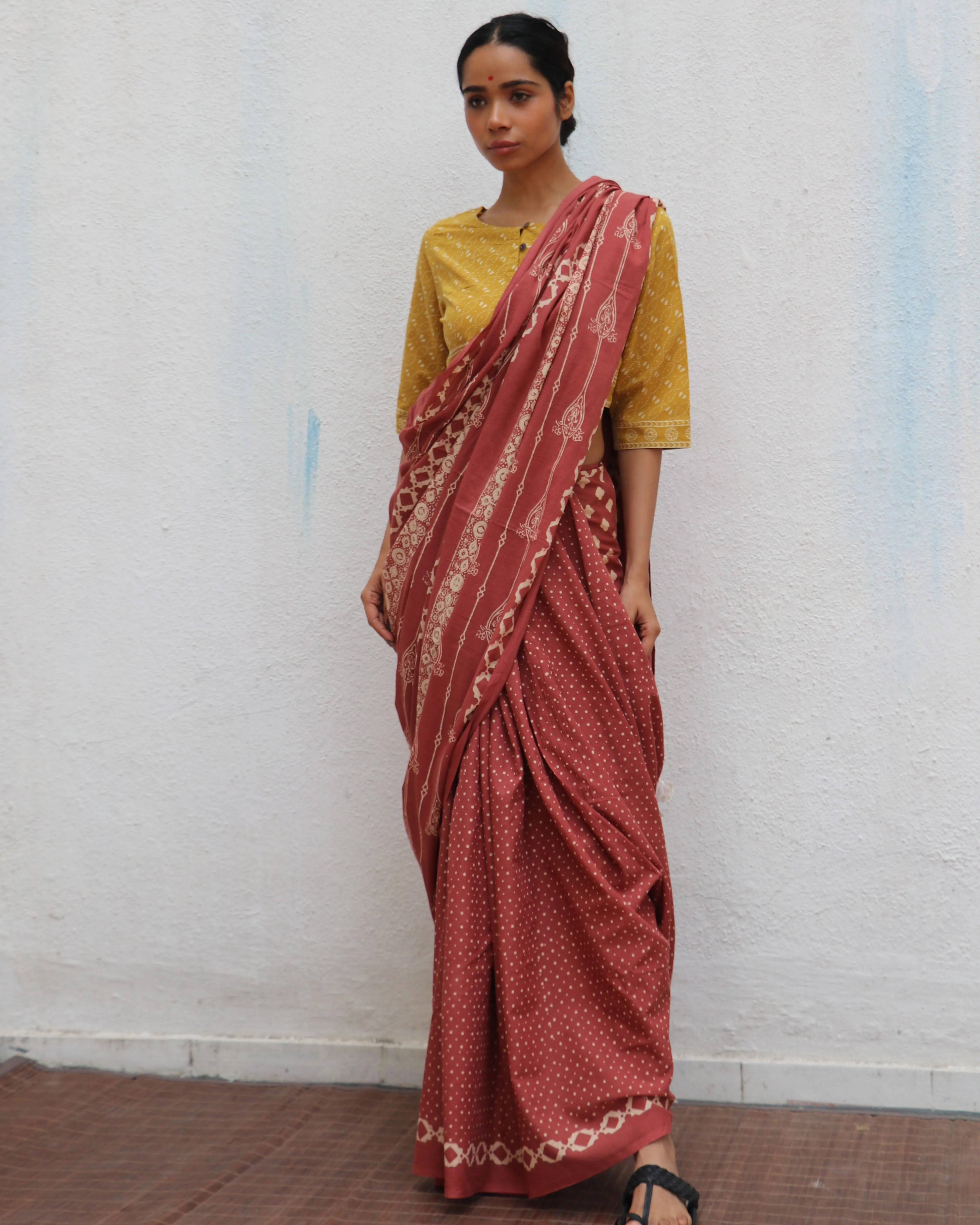 Carnival of Rust Brown Handblock Printed Cotton Sarees