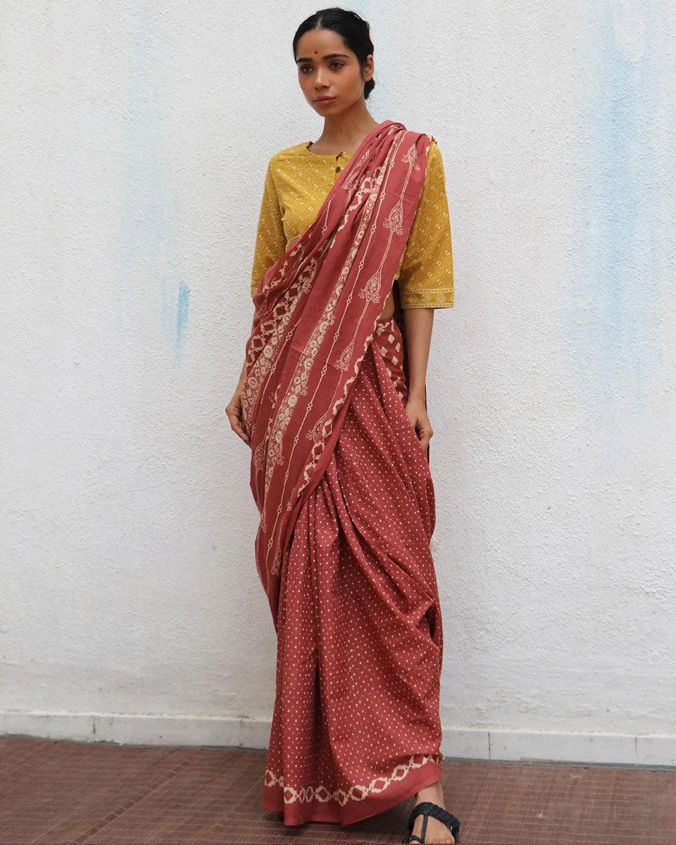 Carnival of Rust Brown Handblock Printed Cotton Sarees