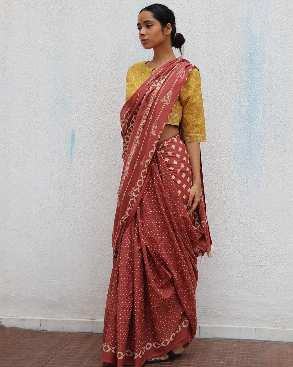 Carnival of Rust Brown Handblock Printed Cotton Sarees