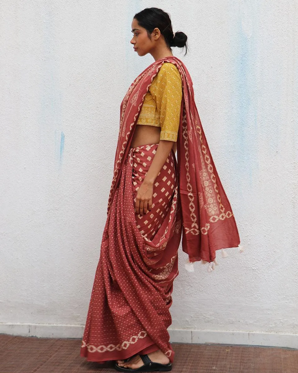 Carnival of Rust Brown Handblock Printed Cotton Sarees