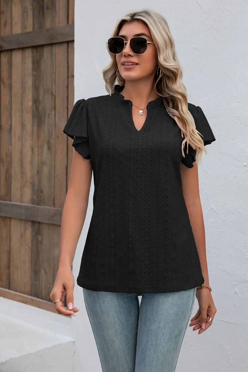 Eyelet Notched Neck Flutter Sleeve Top