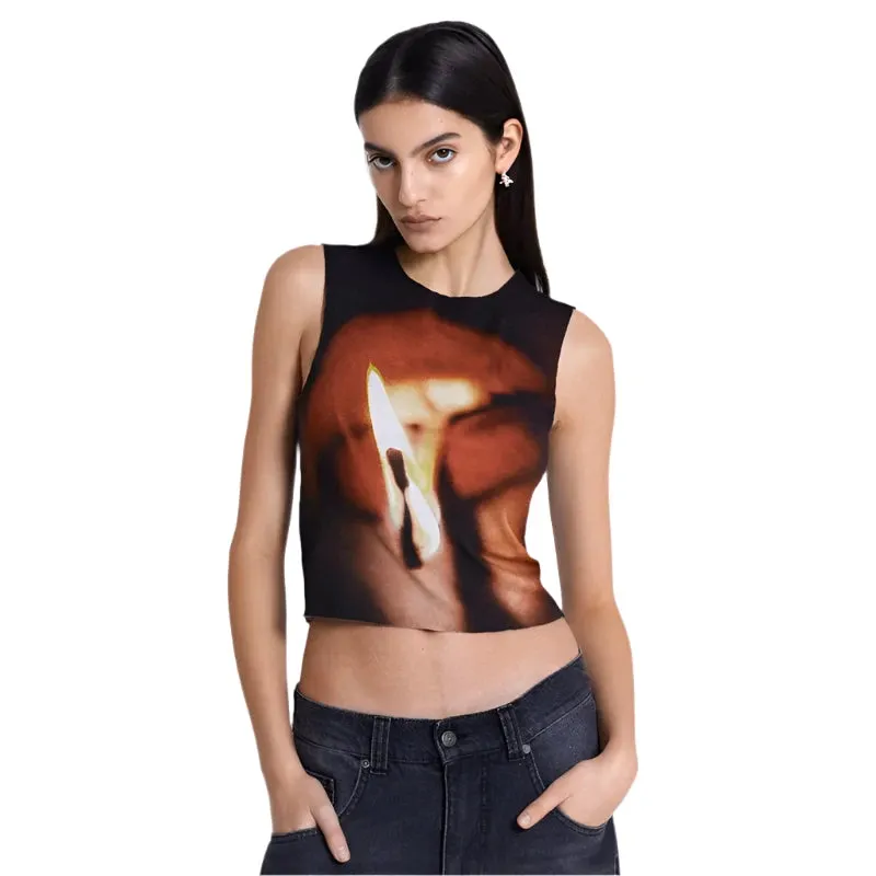 Fashion Print Crop Top Sleeveless T Shirt for Women Y2k Streetwear Graphic Tees Summer Clothes Women 2024 P85-AF10