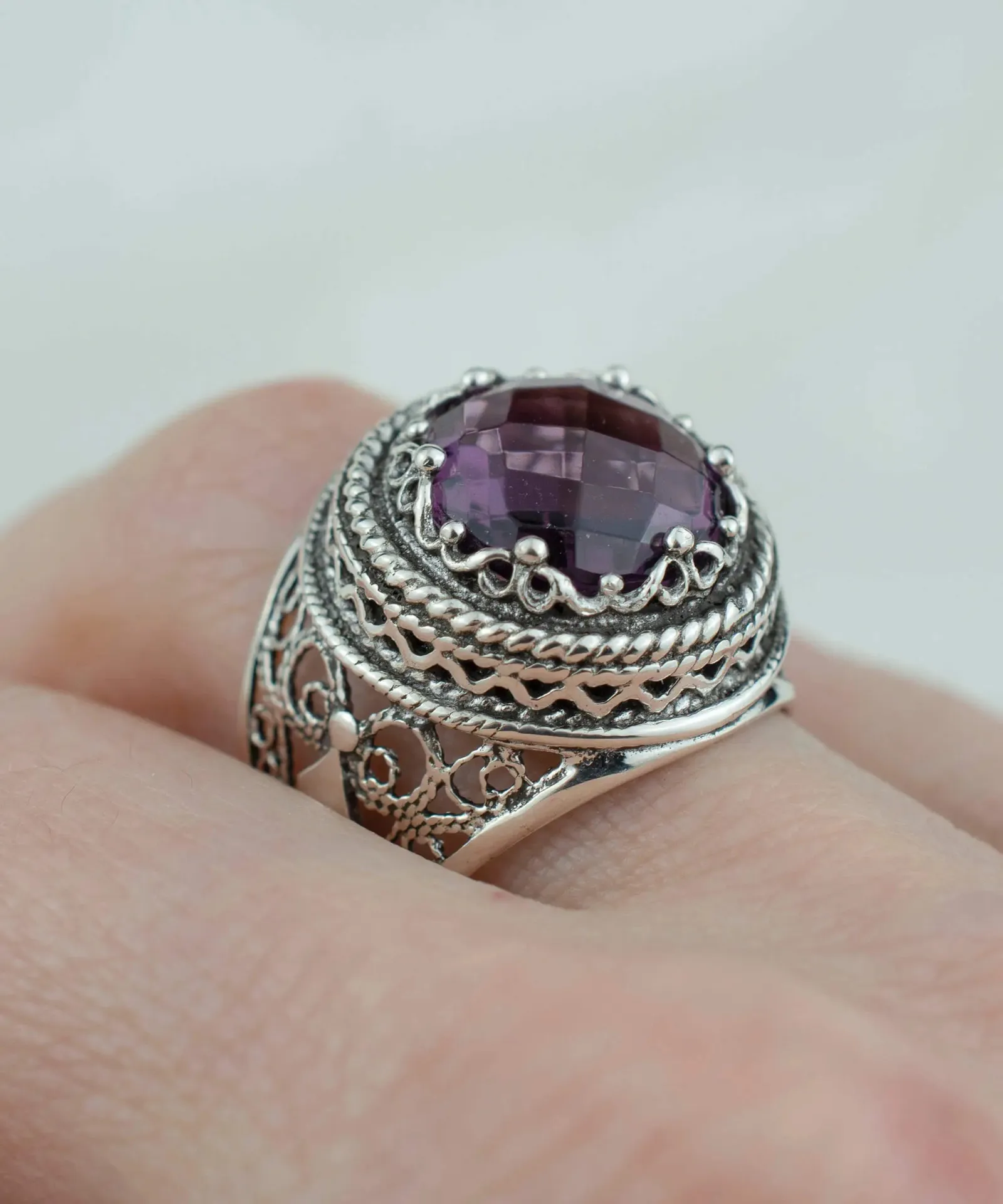 Filigree Art Amethyst Silver Ring - Bold Statement Piece for Women