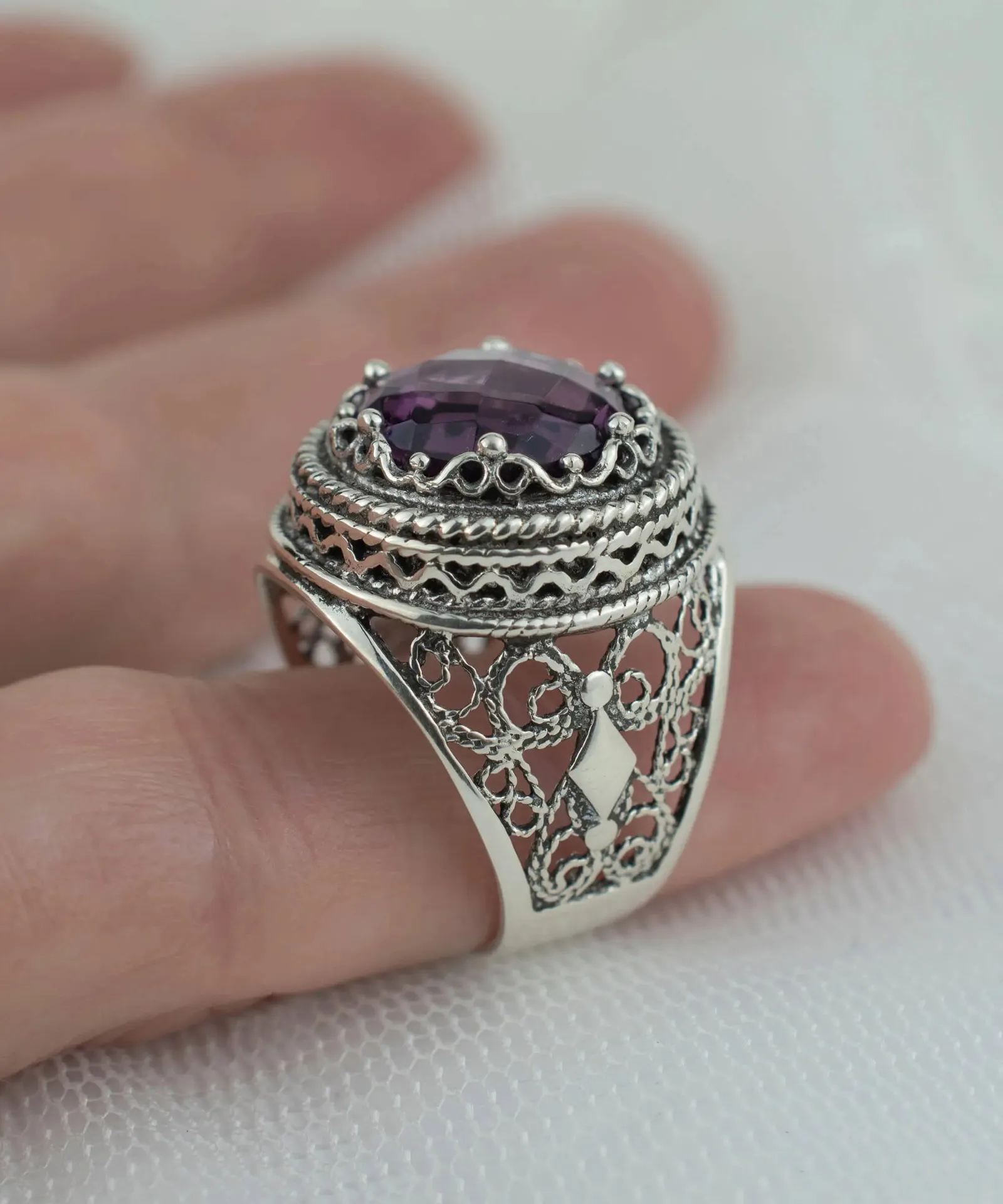 Filigree Art Amethyst Silver Ring - Bold Statement Piece for Women