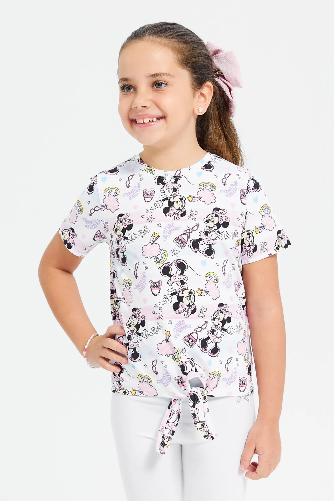 Girls Assorted Minnie Printed T-Shirt With front Knot