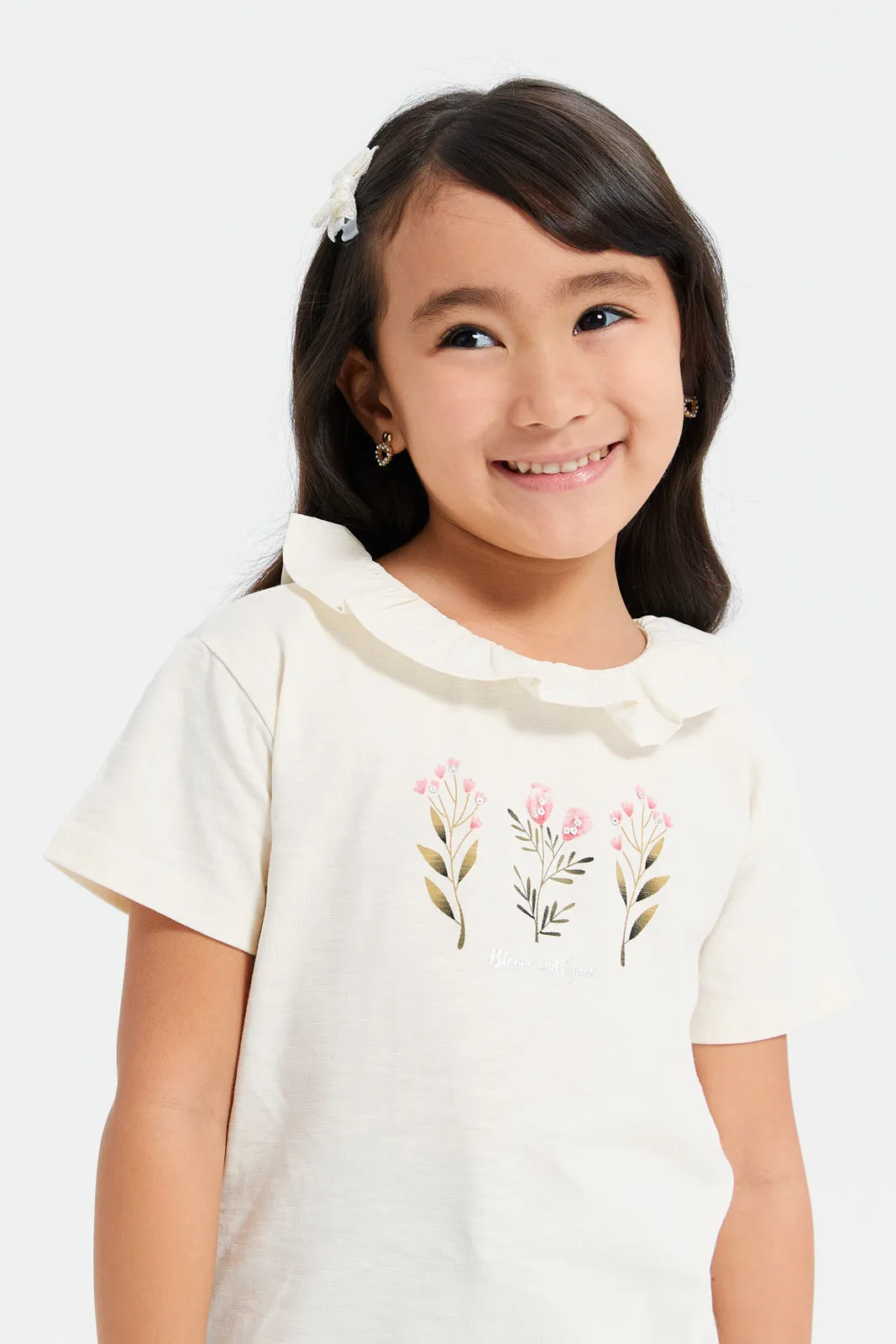 Girls Beige Embellished Sequins T-Shirt