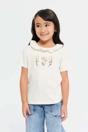 Girls Beige Embellished Sequins T-Shirt