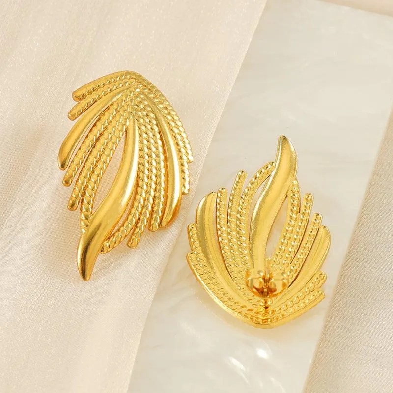 Gold-Plated Geometric Feather Stud Earrings – Bold Punk Style Earrings