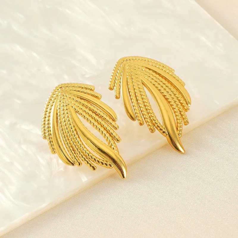 Gold-Plated Geometric Feather Stud Earrings – Bold Punk Style Earrings