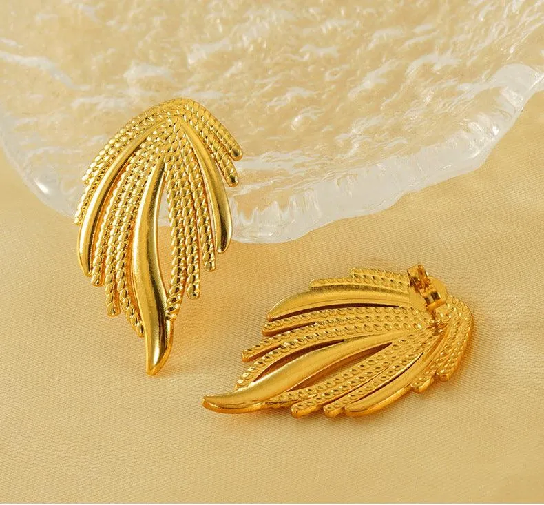 Gold-Plated Geometric Feather Stud Earrings – Bold Punk Style Earrings