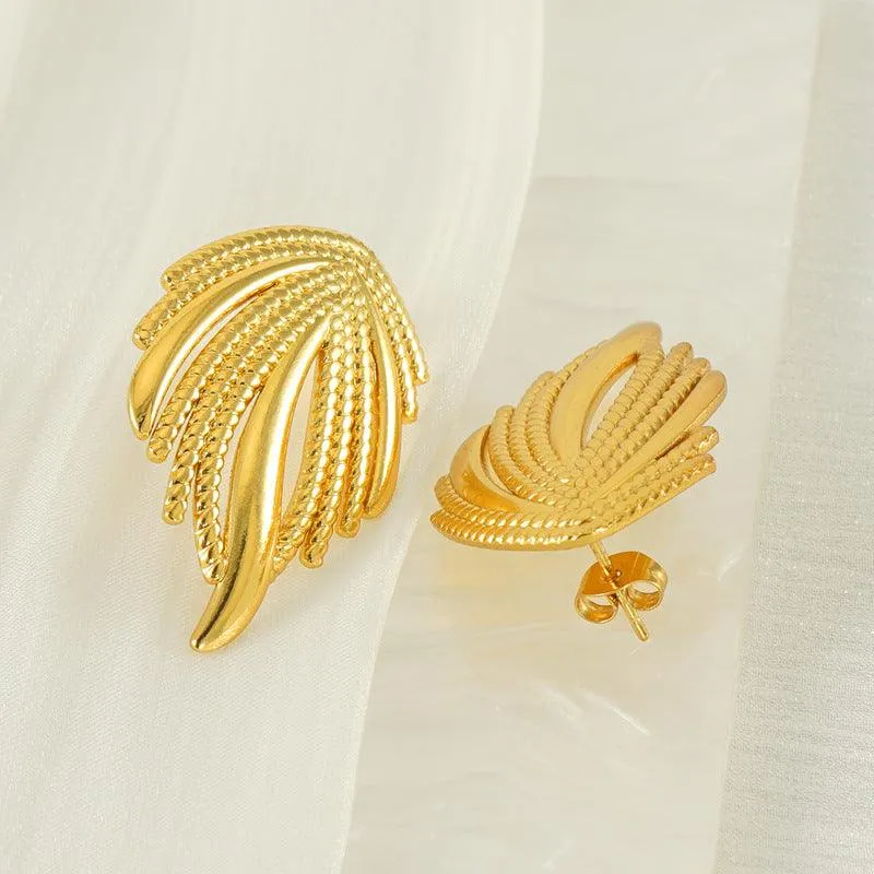 Gold-Plated Geometric Feather Stud Earrings – Bold Punk Style Earrings