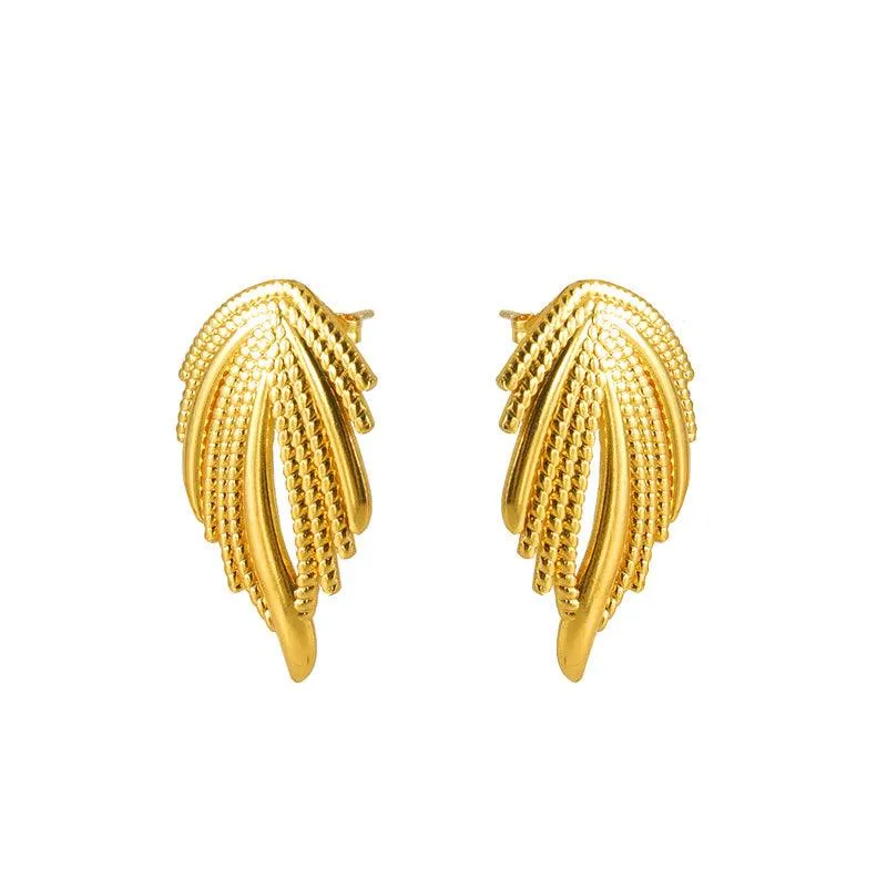 Gold-Plated Geometric Feather Stud Earrings – Bold Punk Style Earrings