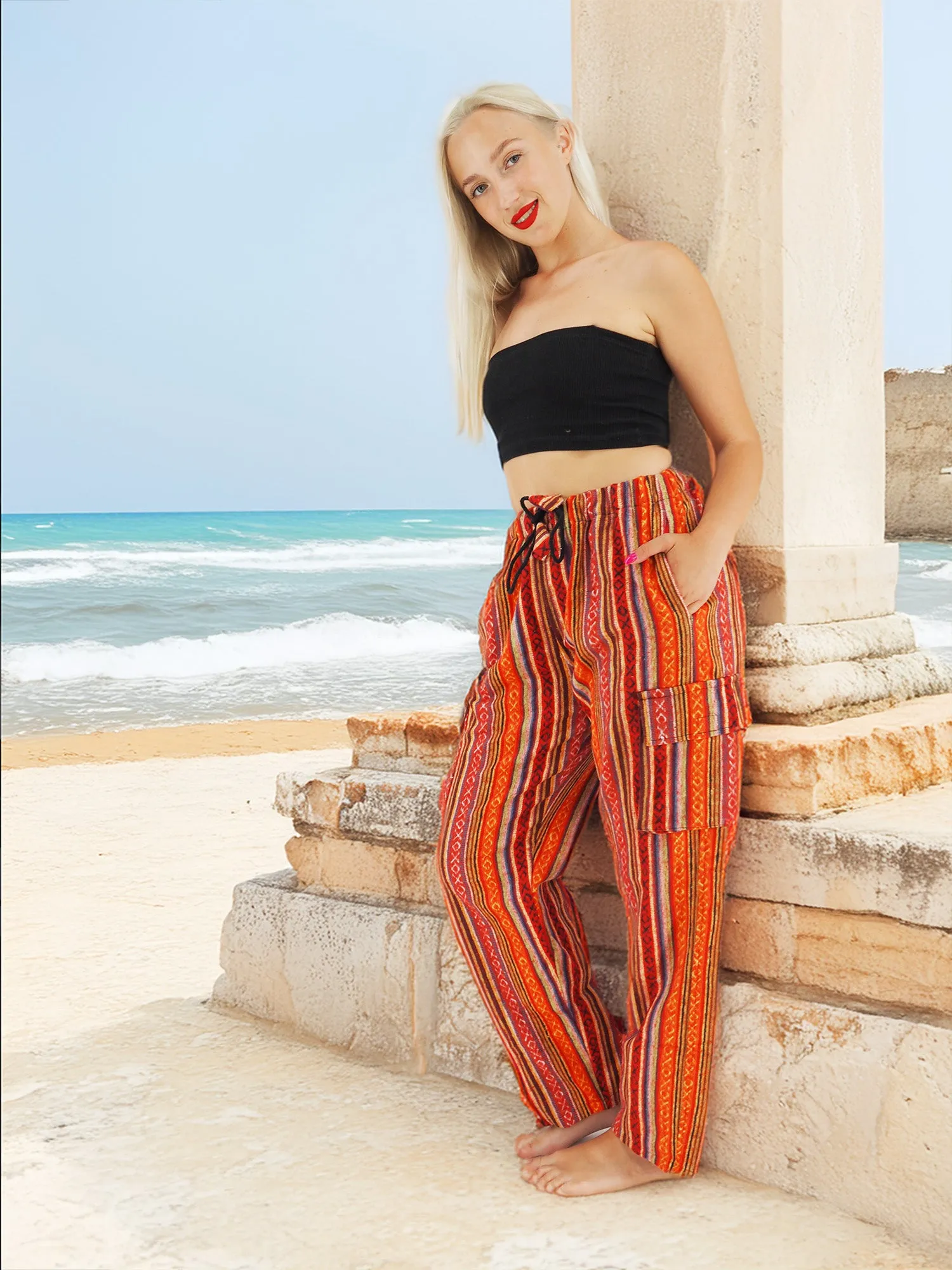 Handmade Casual Boho Hippie Cotton Red Stripe Pants Multi Color Size S-M-L-XL