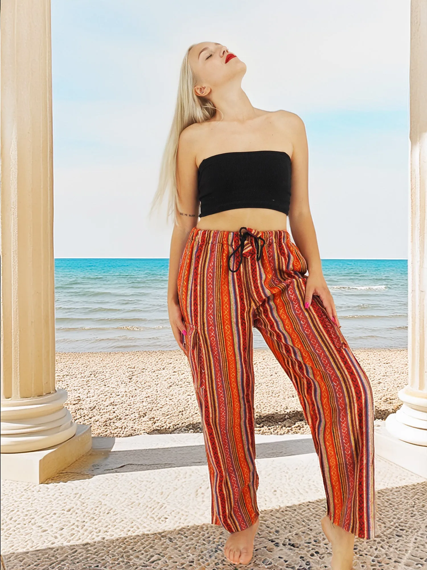 Handmade Casual Boho Hippie Cotton Red Stripe Pants Multi Color Size S-M-L-XL