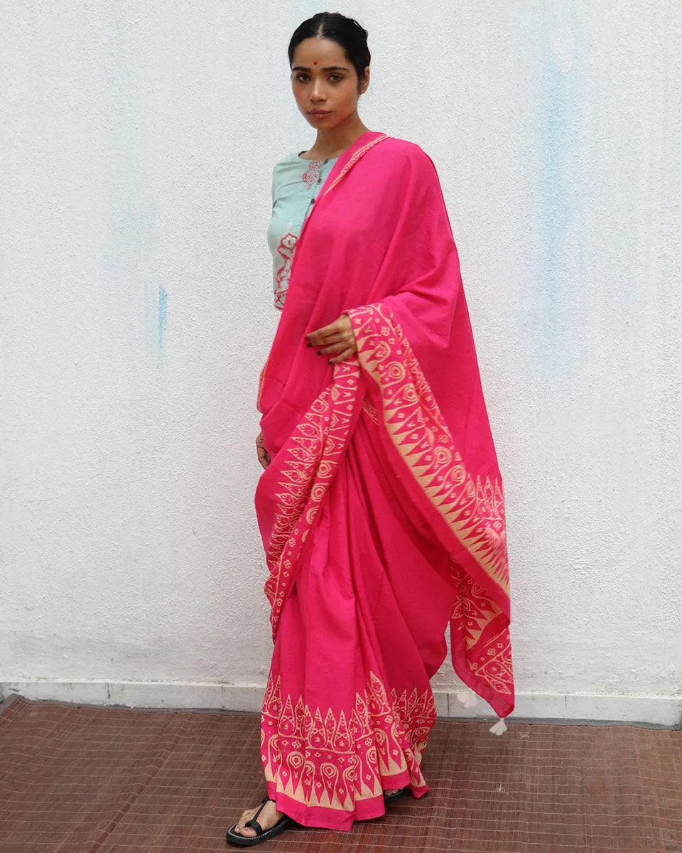 Honeysuckle Rose Pink Handblock Printed Cotton Saree