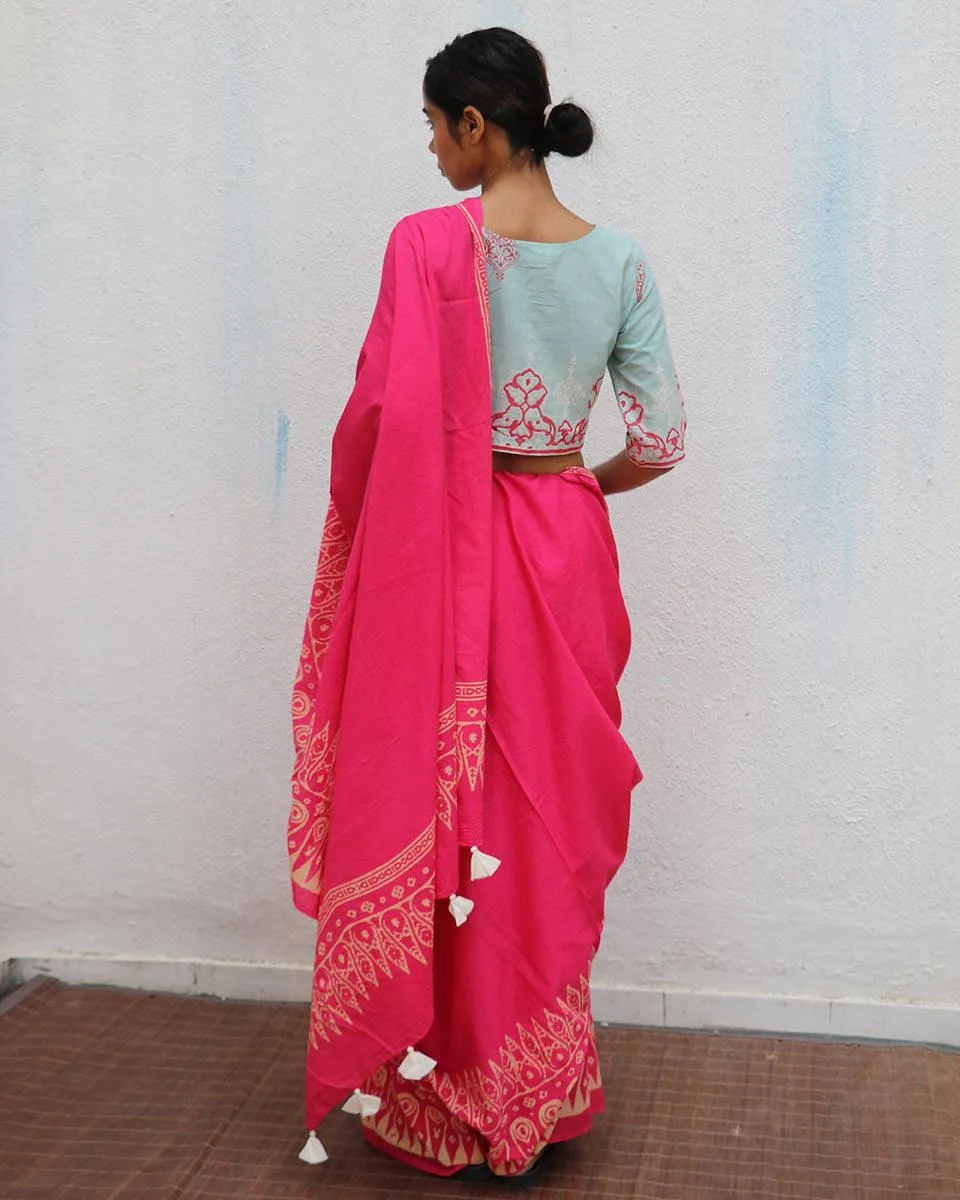 Honeysuckle Rose Pink Handblock Printed Cotton Saree