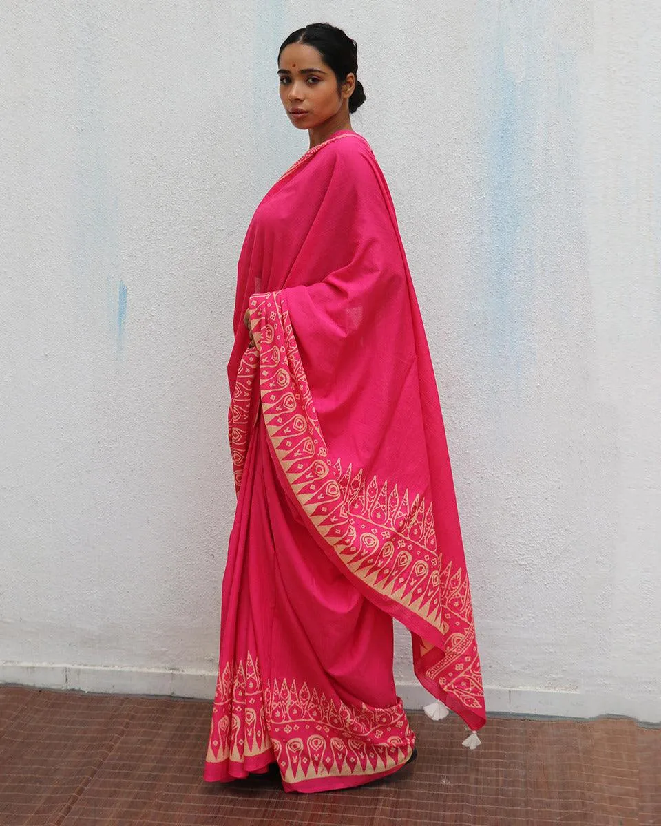 Honeysuckle Rose Pink Handblock Printed Cotton Saree