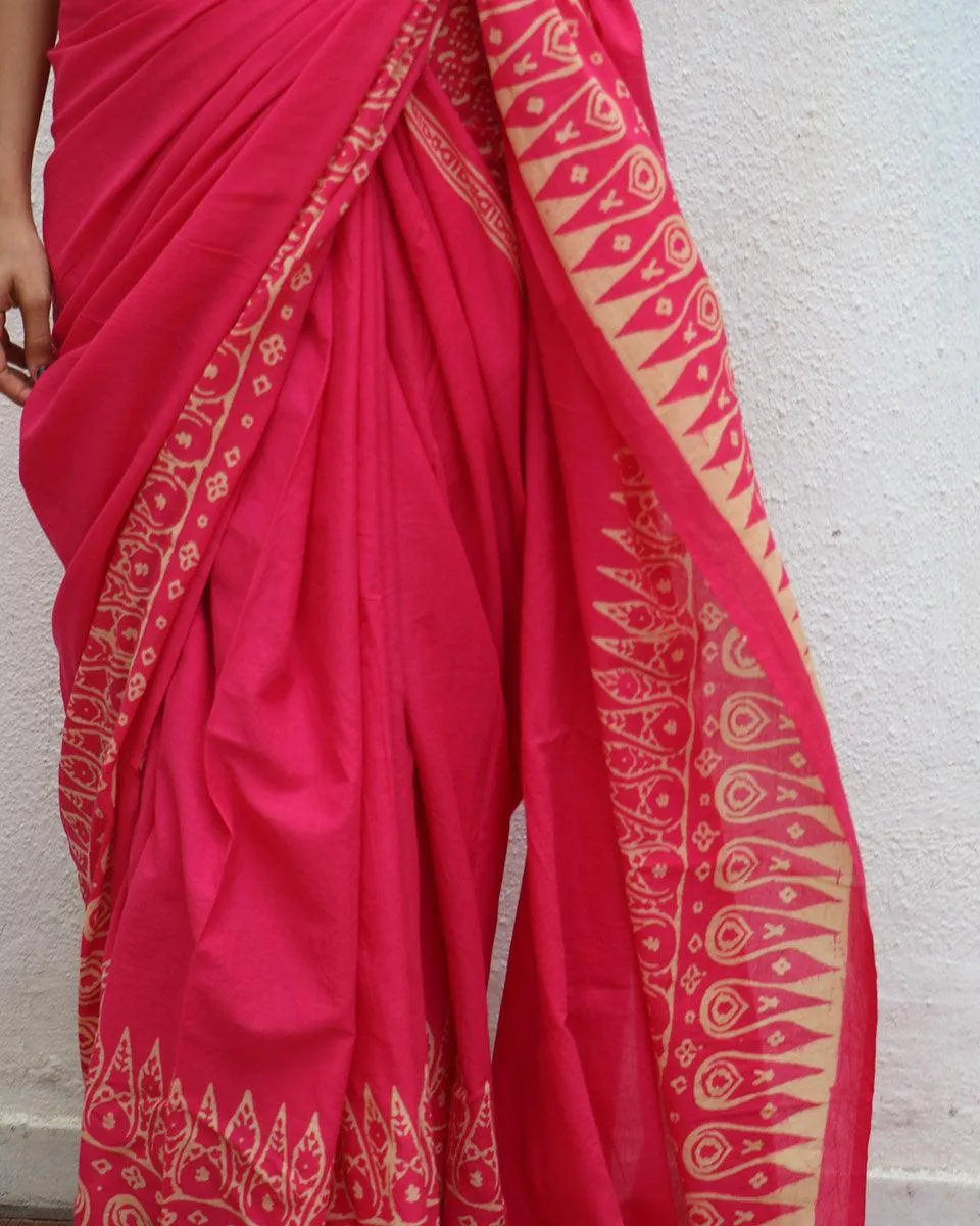 Honeysuckle Rose Pink Handblock Printed Cotton Saree