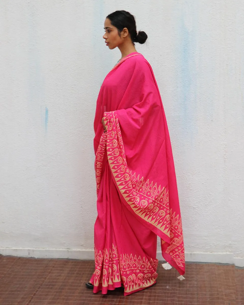 Honeysuckle Rose Pink Handblock Printed Cotton Saree