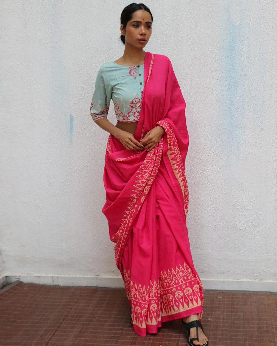 Honeysuckle Rose Pink Handblock Printed Cotton Saree